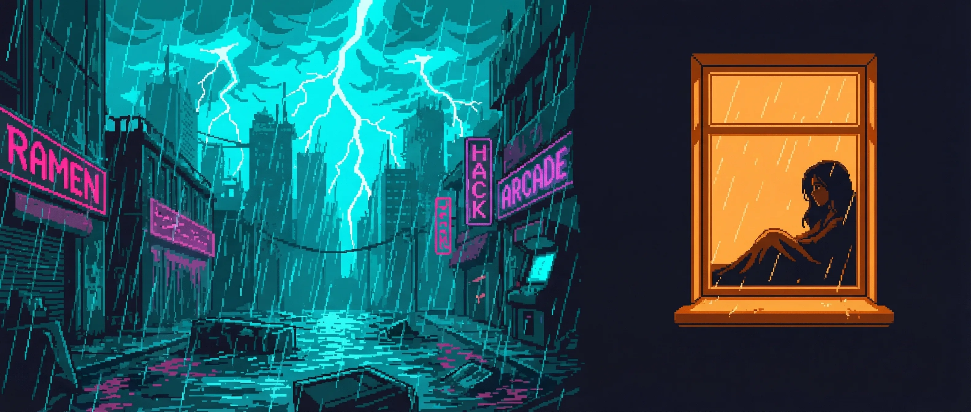 The Sprawl during a brutal storm - lightning cracks across the skyline while GG's silhouette watches from a window