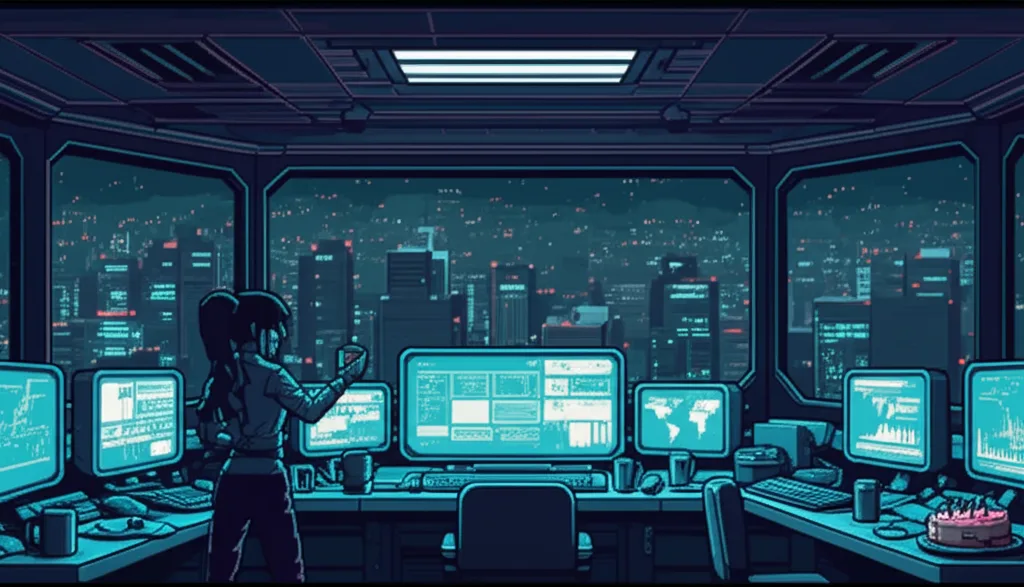A control room at night - cluttered, lived-in, coffee cups everywhere. Through massive windows, city lights spread to the horizon.