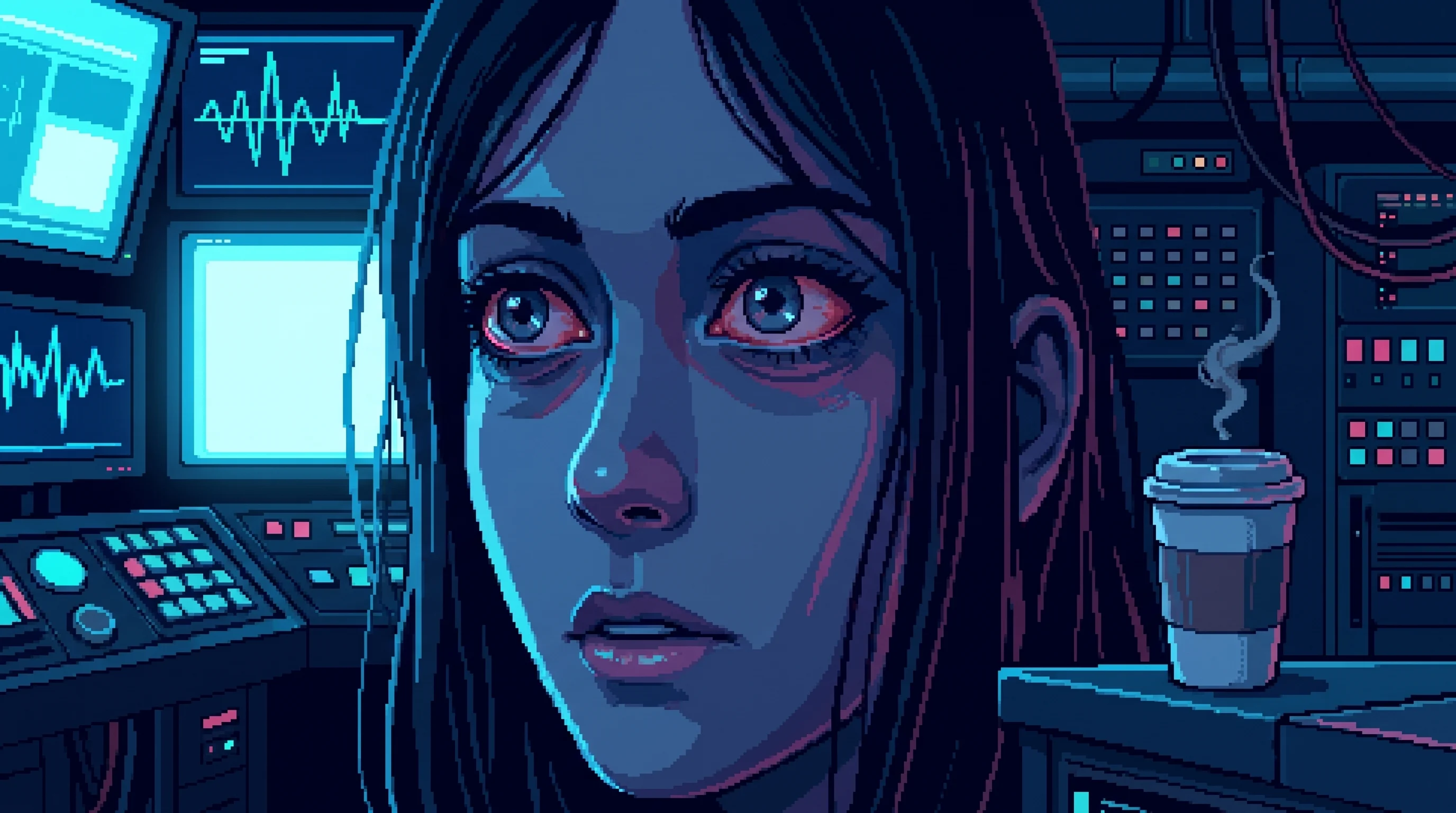 Maya's face in extreme close-up, lit only by the glow of her screens. Her eyes are red from not blinking, her coffee is cold beside her. But her expression isn't grief—it's something else. She's reading the same three words again.