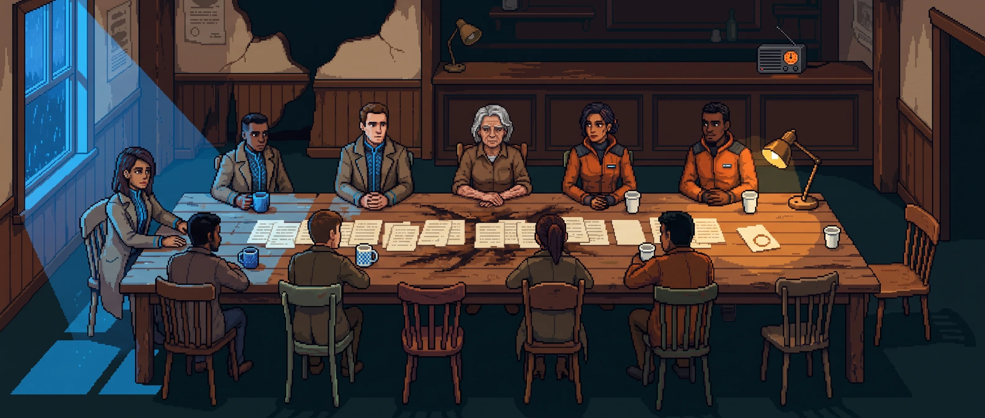Eleven executives from two warring corporations fill a worthless coffee shop table.