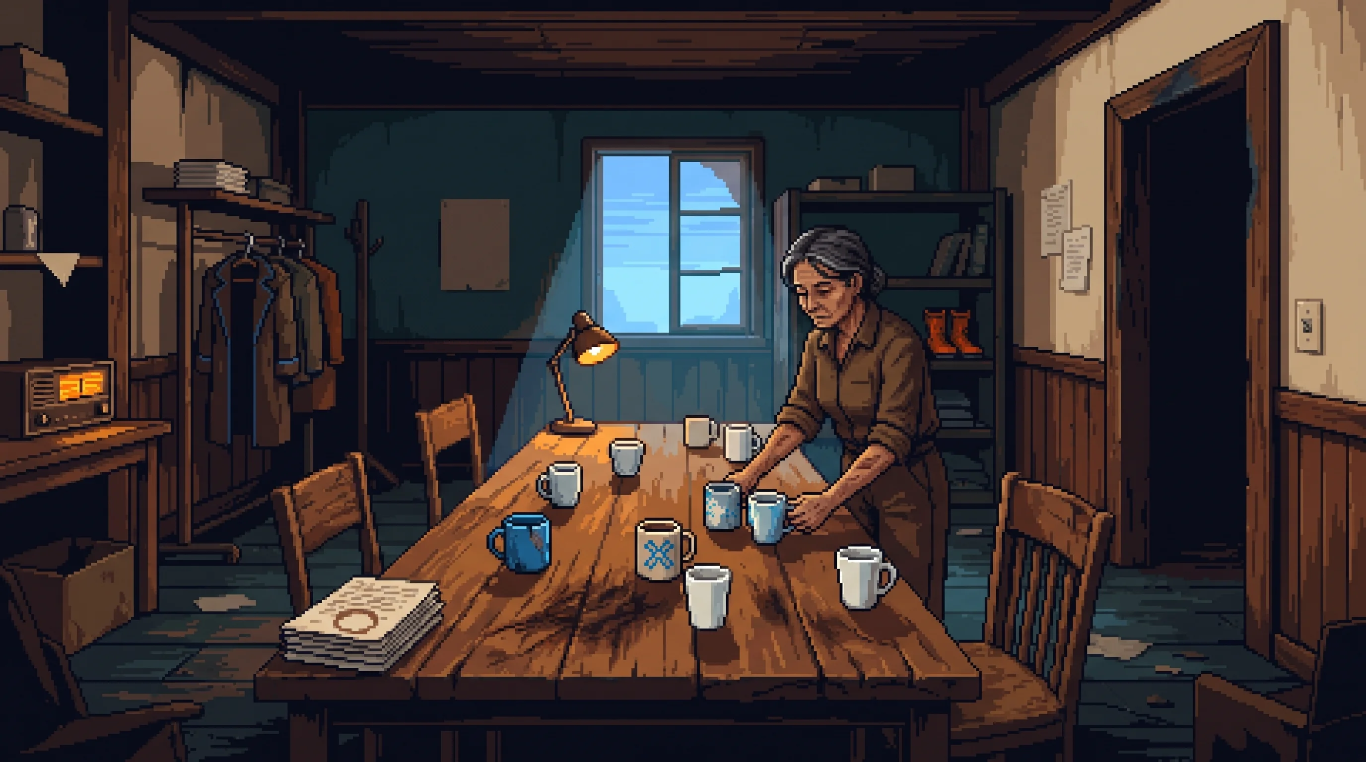 An older woman pouring coffee into eleven mismatched cups at a scorched long table in a bombed-out Sector 9 coffee shop, Memorial-blue light through the one surviving window, a twelfth full cup at an empty corner chair.