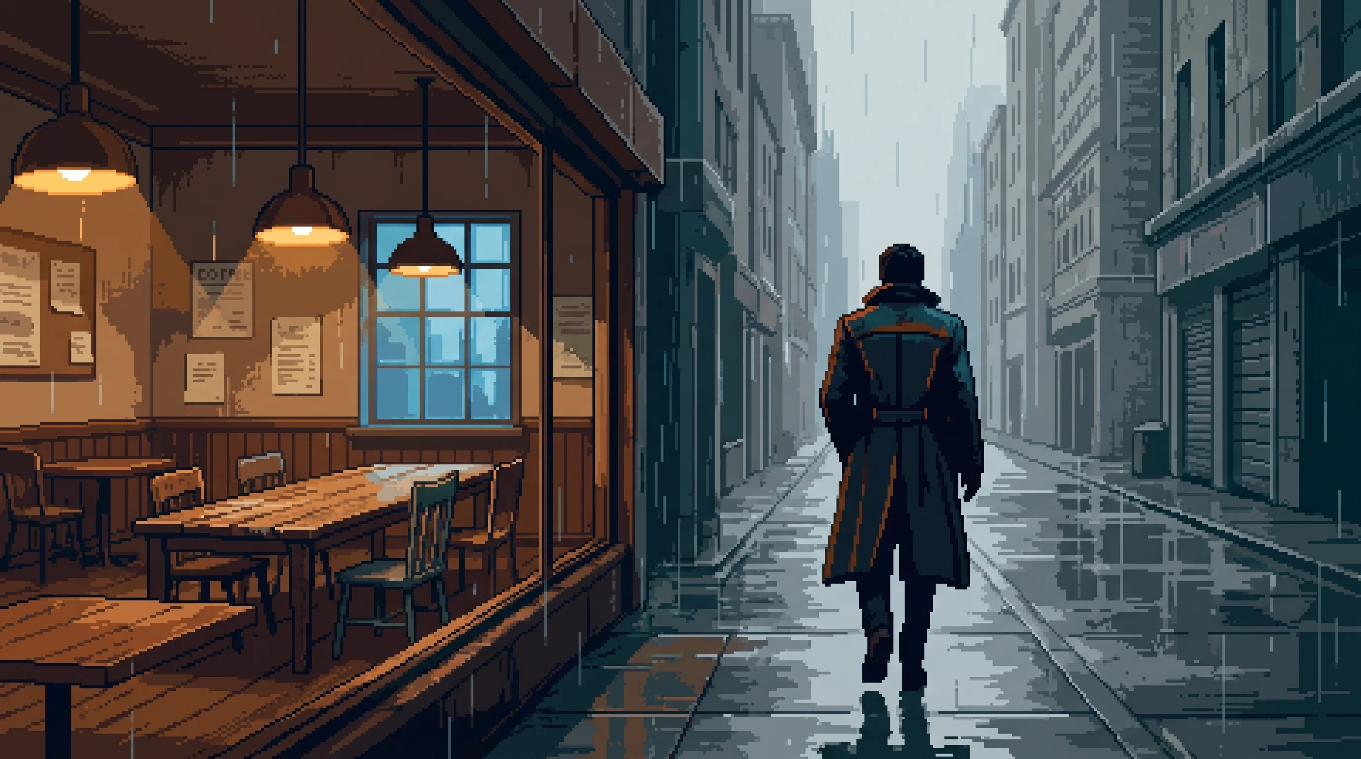 A tall lone figure walks his circuit past the shop, indifferent to the ceasefire forming inside.