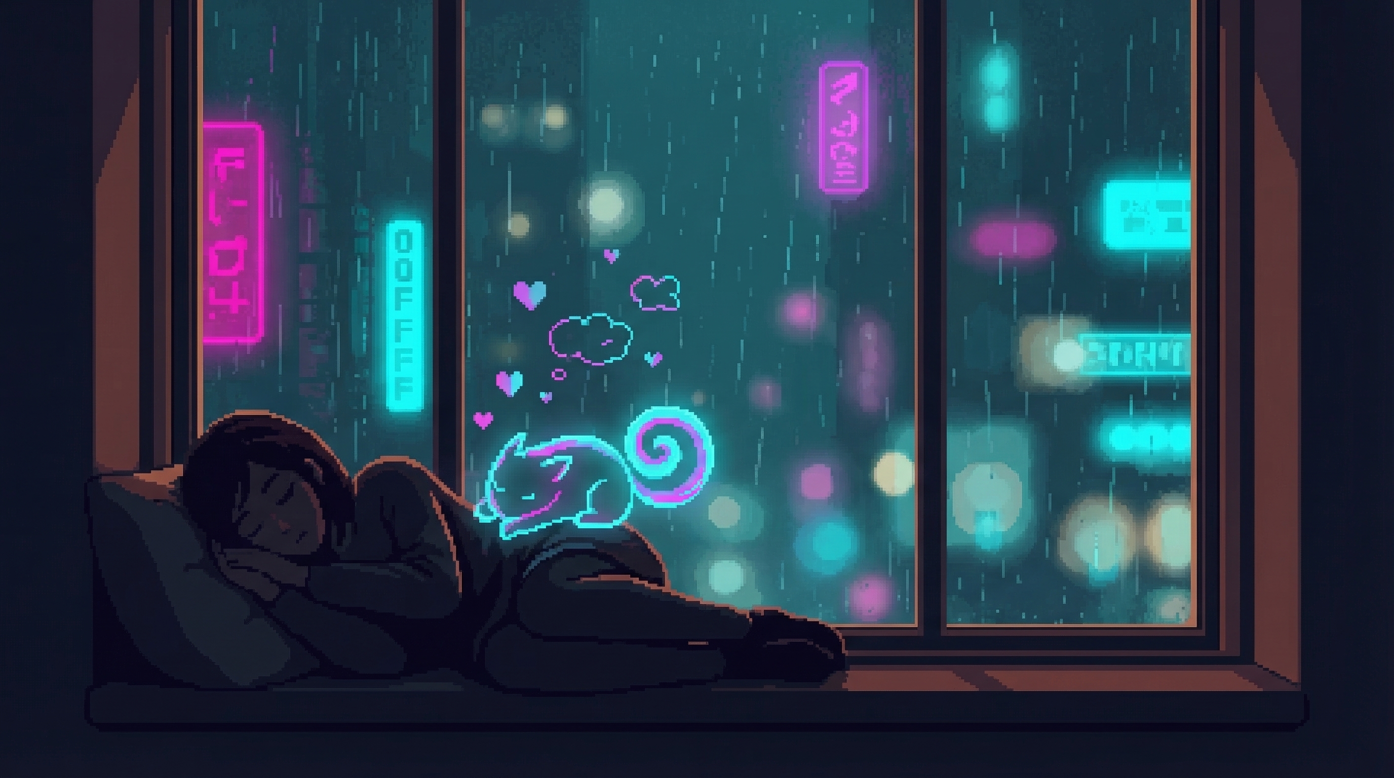 GG asleep by window, city lights soft through rain, Chompy manifesting as a curl of digital fluff nuzzled against her, hearts floating like dreams