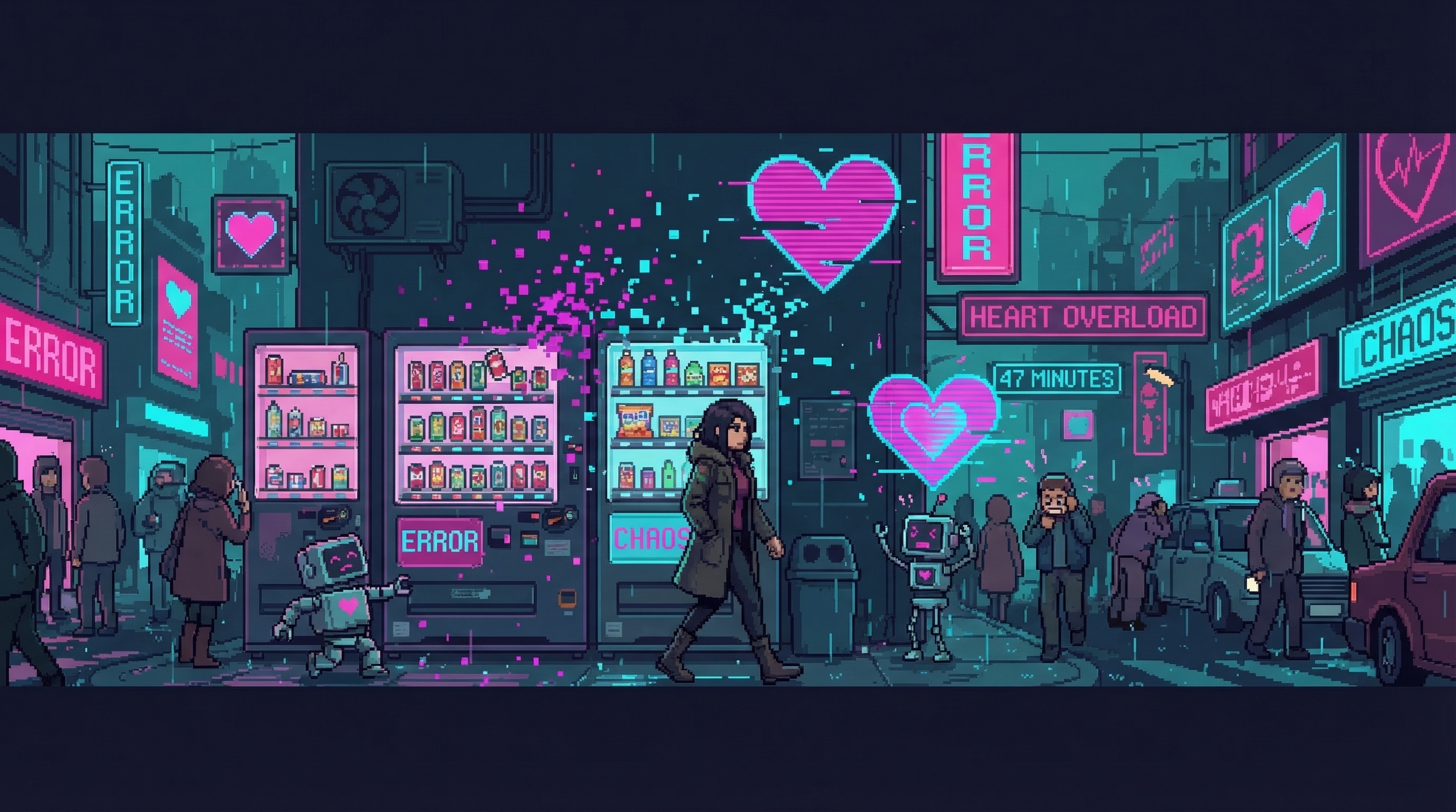 GG walks through a busy Sprawl street, unaware of the chaos trail behind her: overflowing vending machines, heart-shaped signs, and pink digital particles