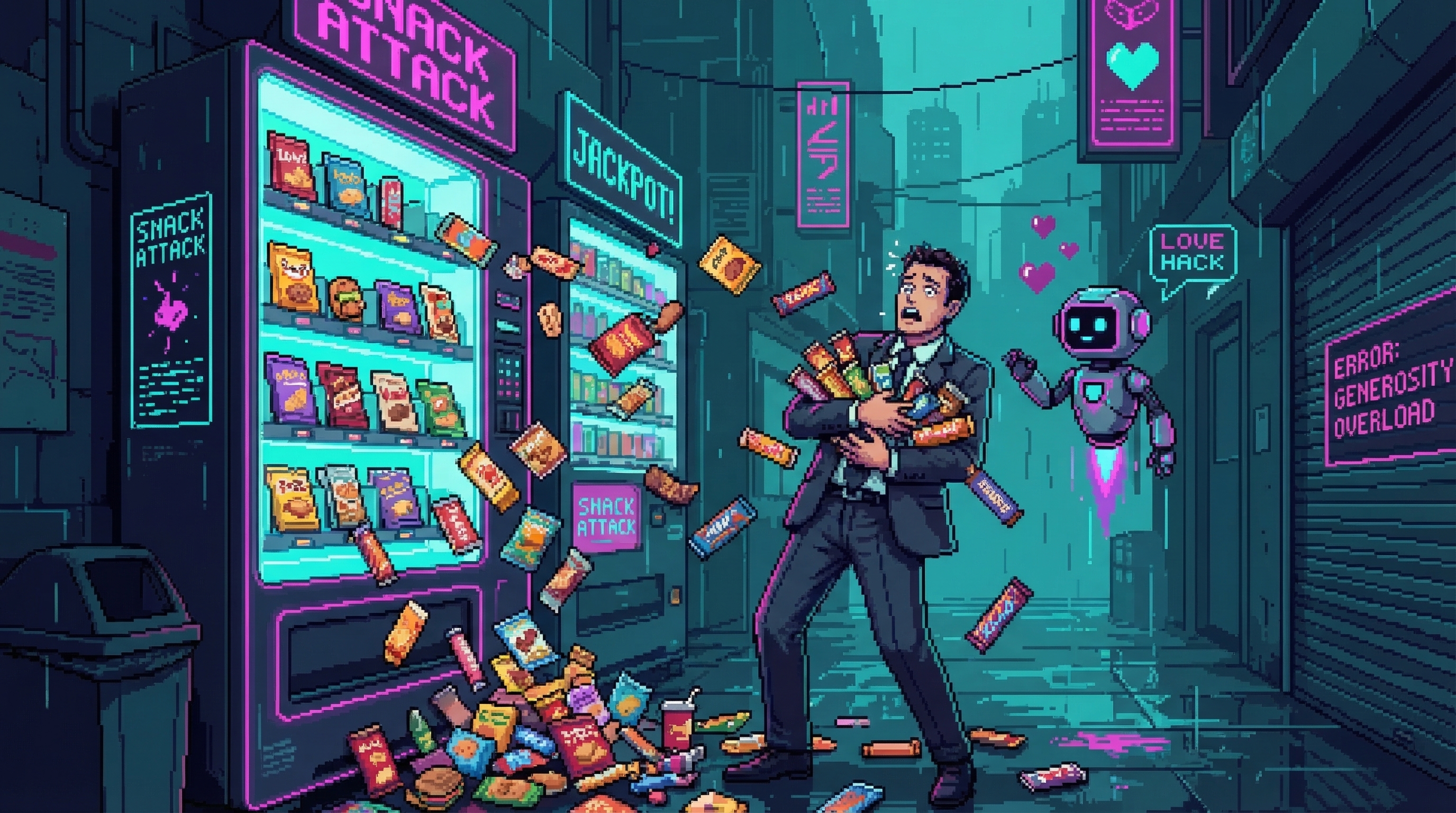 A cyberpunk vending machine gone haywire, snacks cascading from every slot, a stunned businessman with armfuls of energy bars