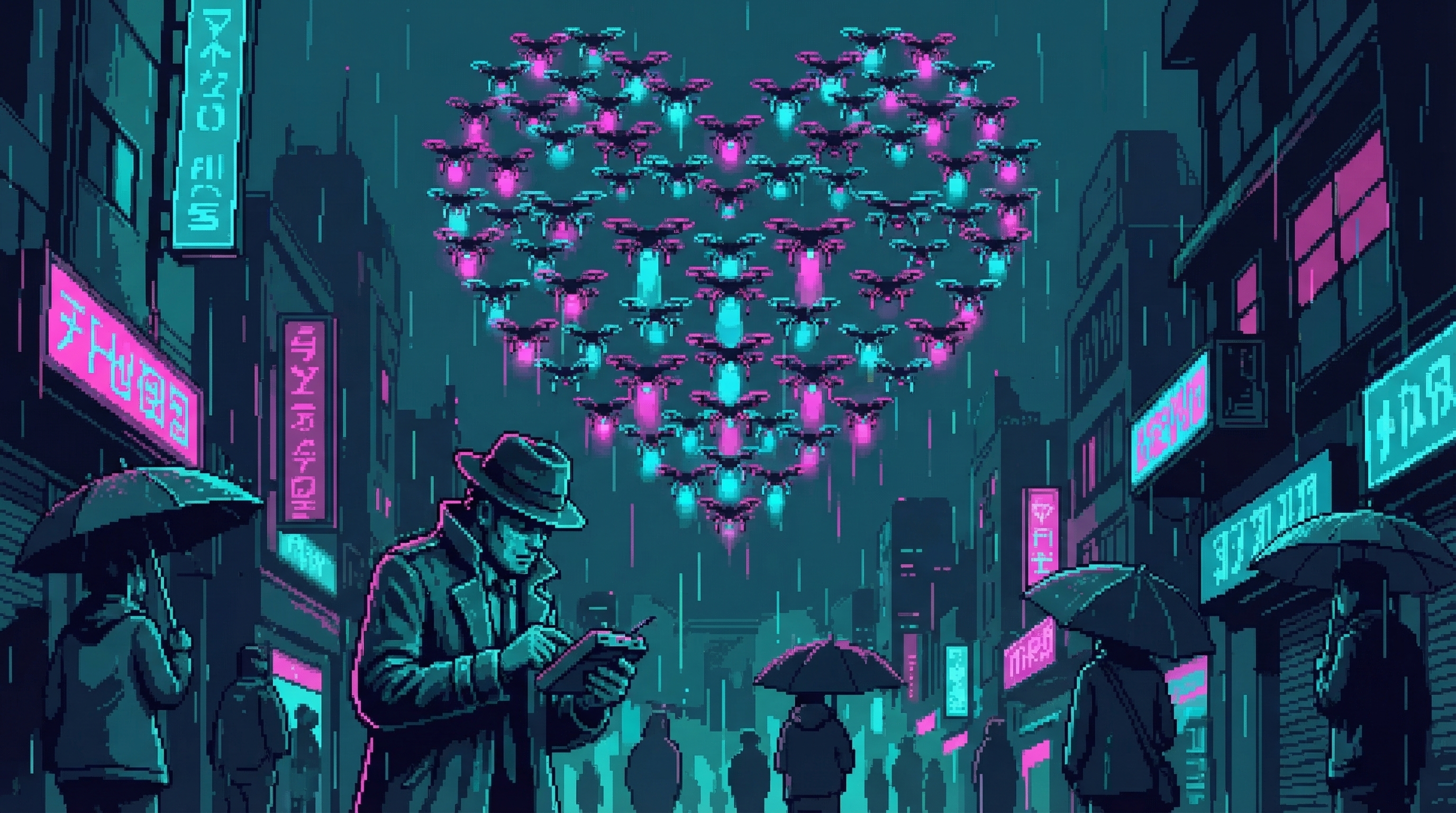 A street performer's drone swarm arranged into a massive heart shape in the night sky, the performer looking confused at his control pad
