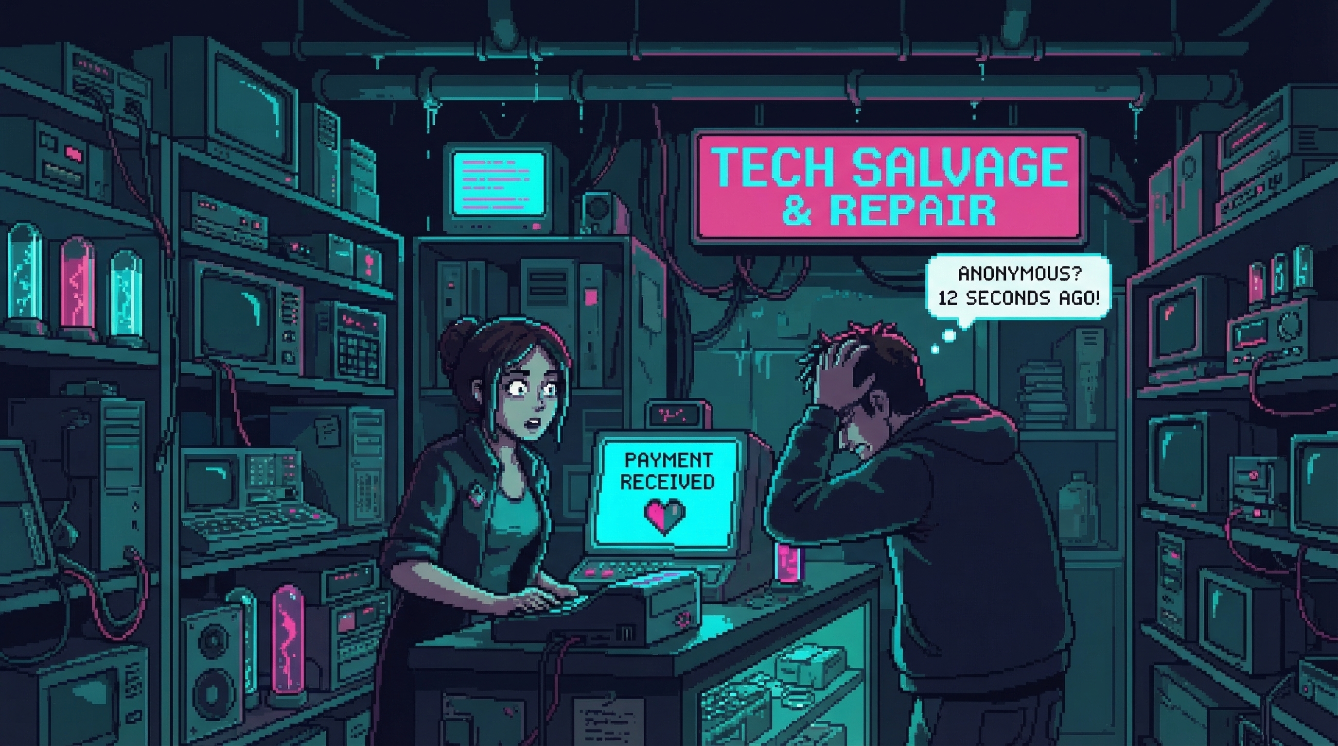 Cramped tech salvage shop interior, Kira behind counter staring at terminal showing 'PAYMENT RECEIVED' with heart icon, GG opposite with exasperated posture