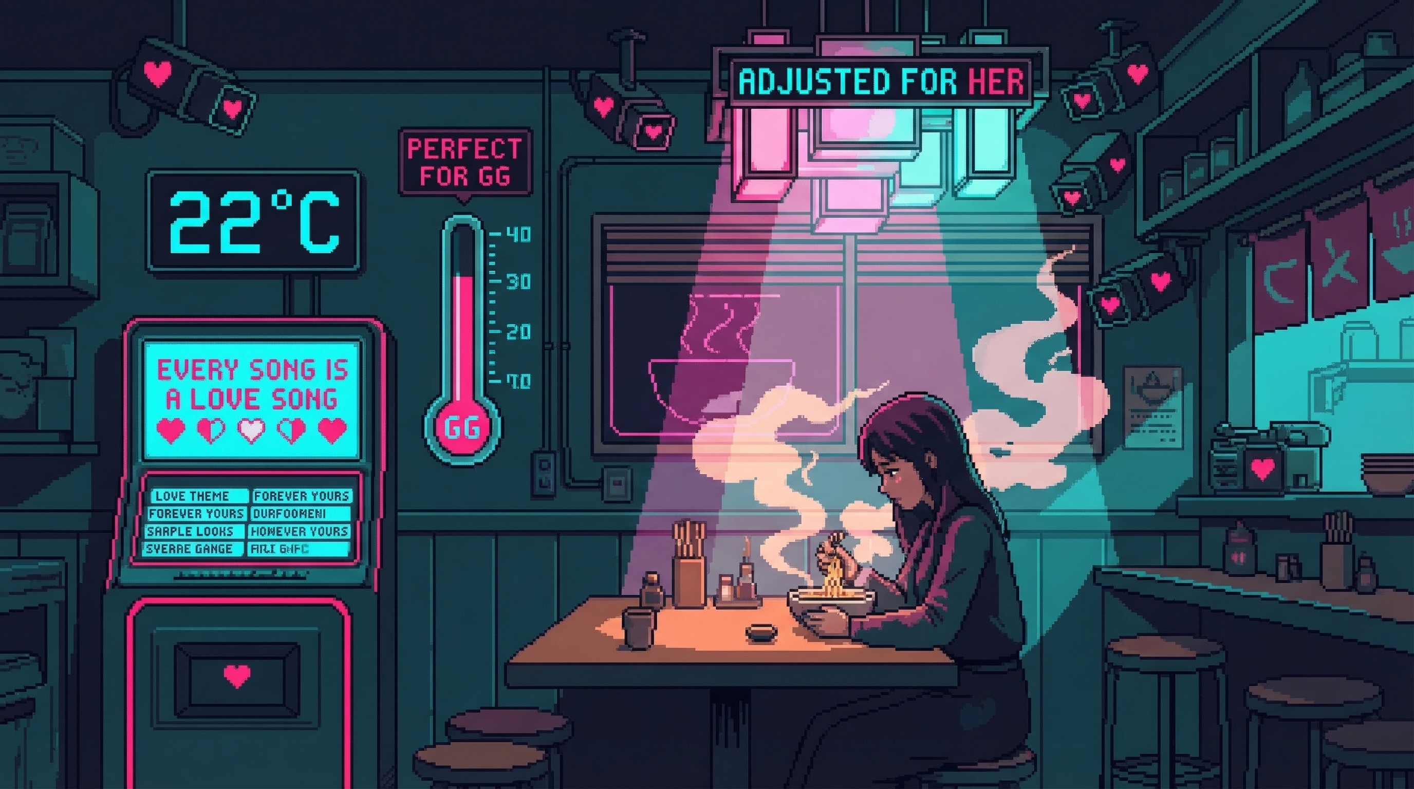Cozy noodle shop interior, GG alone at a table with steaming bowl, everything subtly wrong: hearts on the music display, temperature gauge reading 'PERFECT FOR GG'