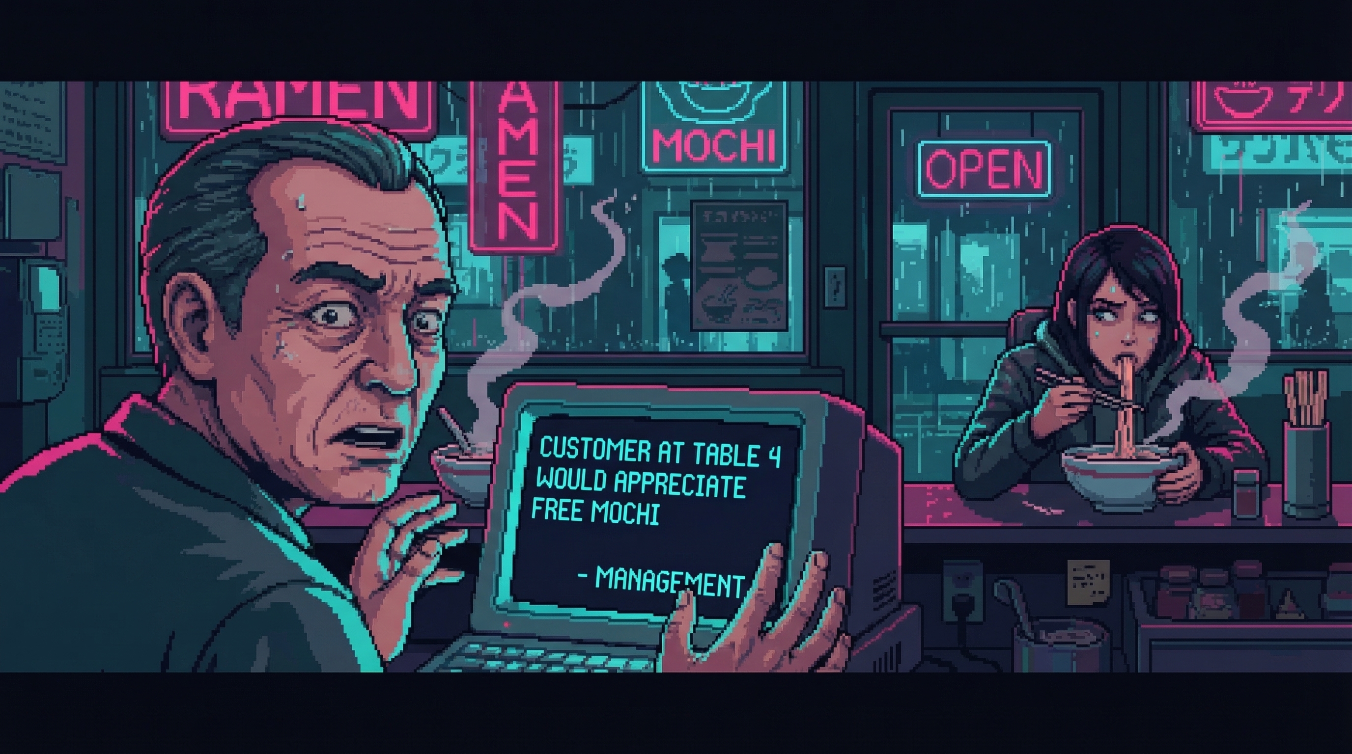 Close-up of noodle shop owner staring at terminal displaying 'CUSTOMER AT TABLE 4 WOULD APPRECIATE FREE MOCHI - MANAGEMENT', GG eating faster in background