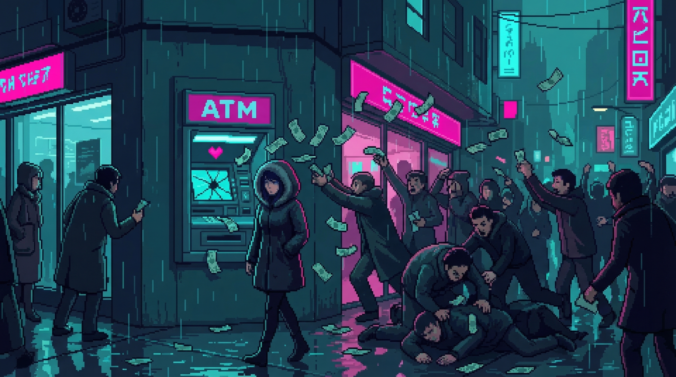 ATM on rainy street corner dispensing cash wildly, bills fluttering through air, crowd grabbing money, GG walking past hood up