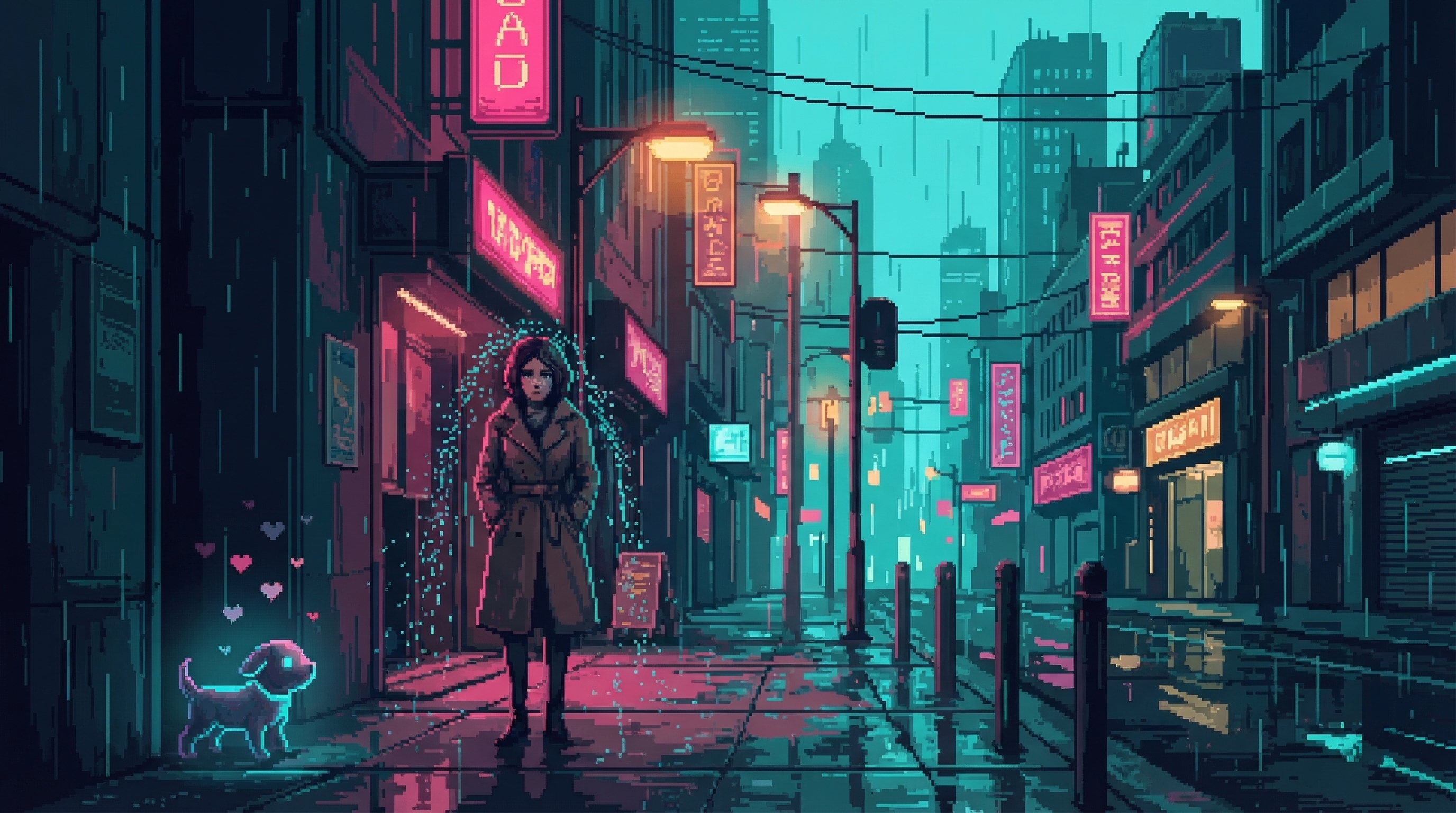 GG stopped on rainy sidewalk, expression softened, at edge of visibility Chompy glows with drooped ears and dim hearts