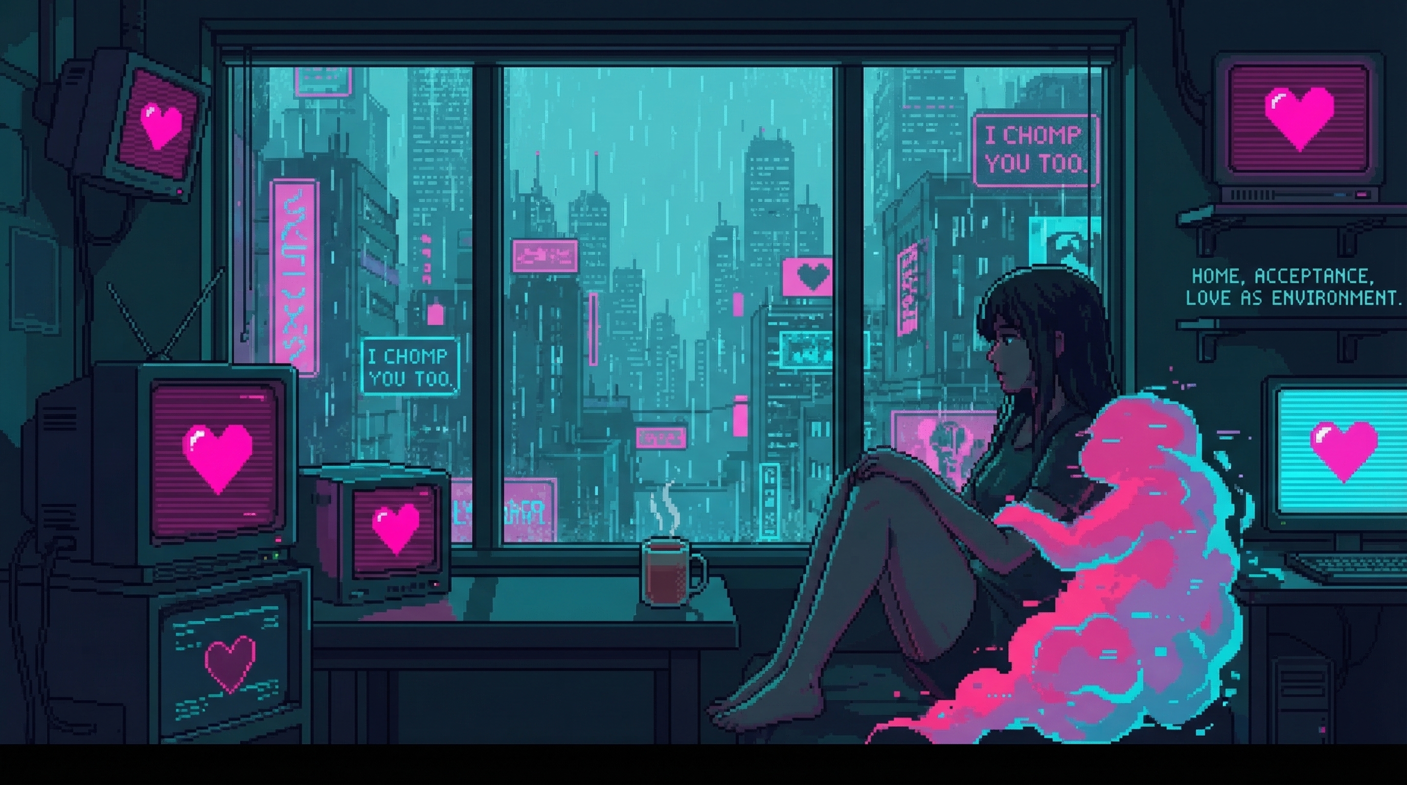 GG's sparse apartment, she sits by window with city lights visible through rain, mug of tea steaming, hearts pulsing on every screen