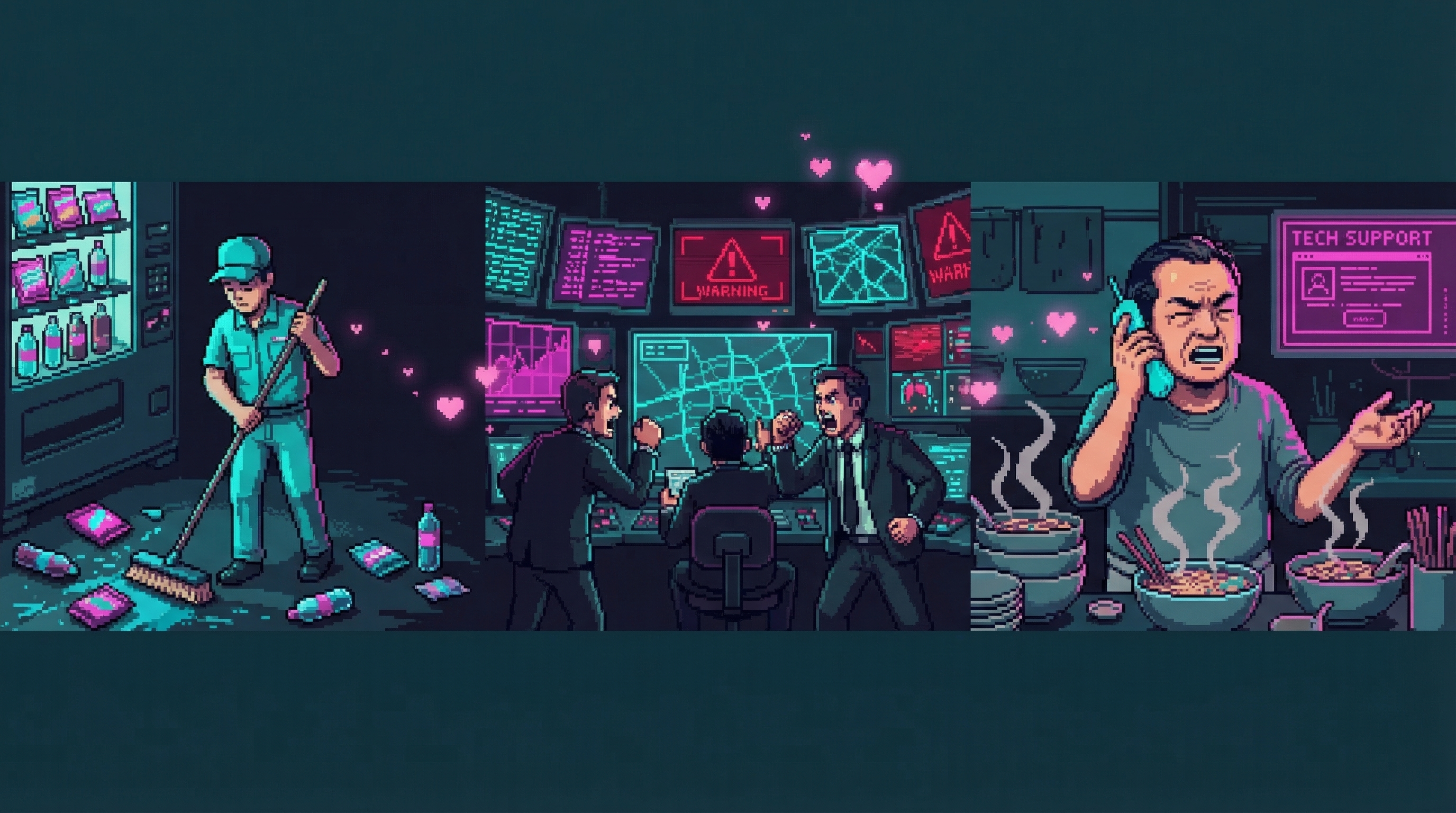 Split scene: janitor sweeping vending machine snacks, stressed traffic control center, noodle shop owner on call with tech support, all connected by subtle pink hearts