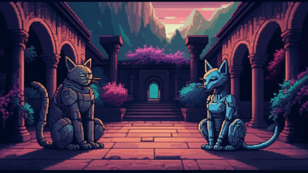Kaiser and Ice sit three feet apart in the monastery courtyard at dawn, pre-dawn light, both perfectly still