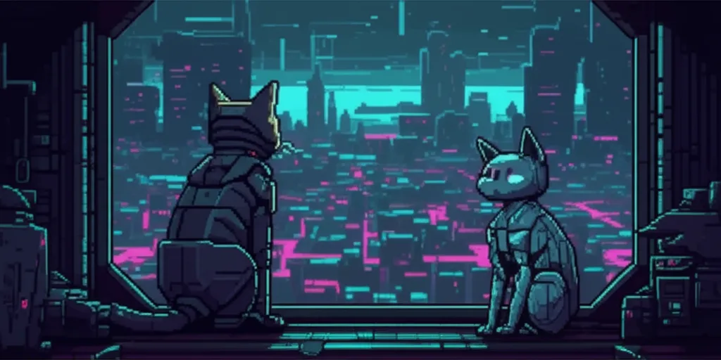 Both cats at the monastery edge looking out at the Sprawl below, Kaiser trapped inside, Ice free but choosing to stay