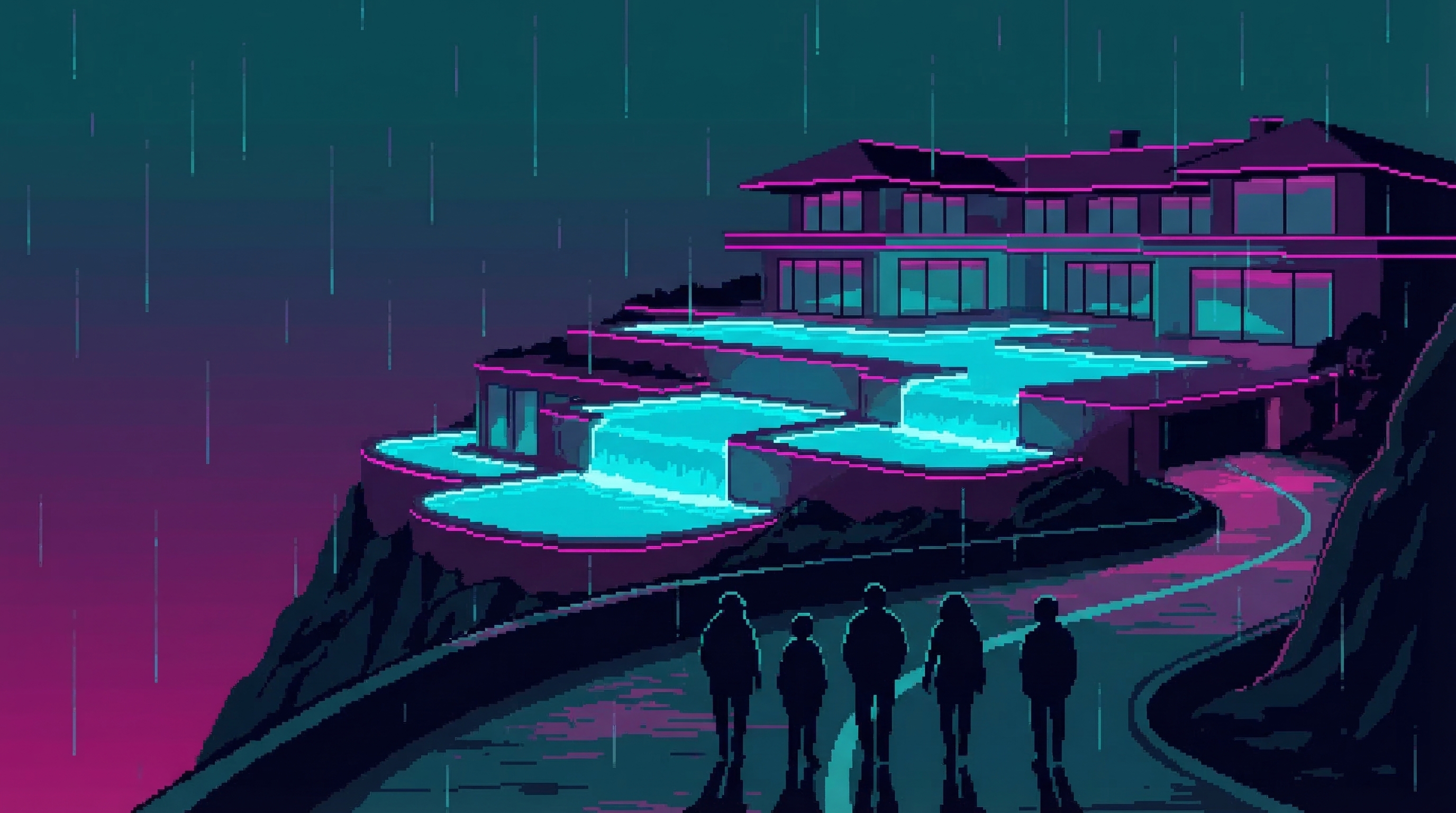 Night approach to clifftop mansion, five silhouettes against purple sky
