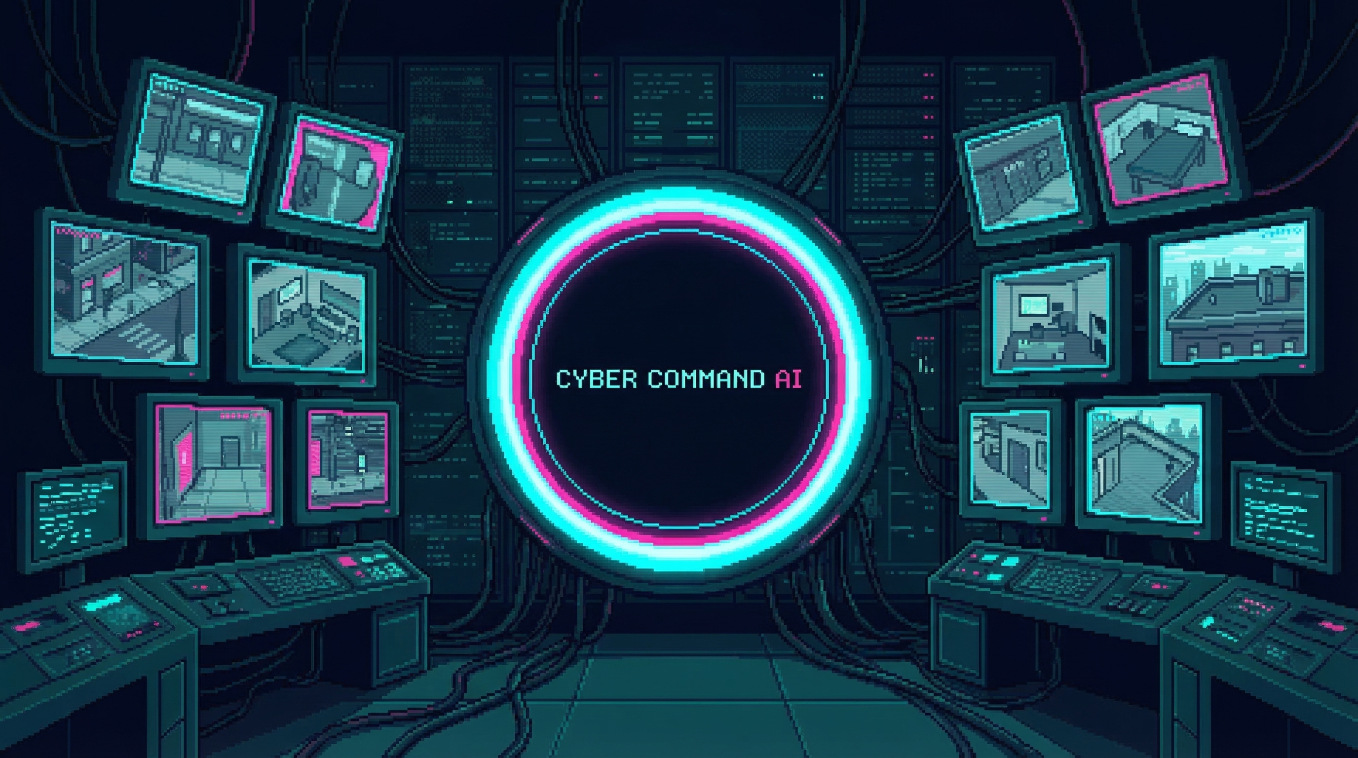 Cyber Command's glowing ring in darkness, surveillance screens surrounding it