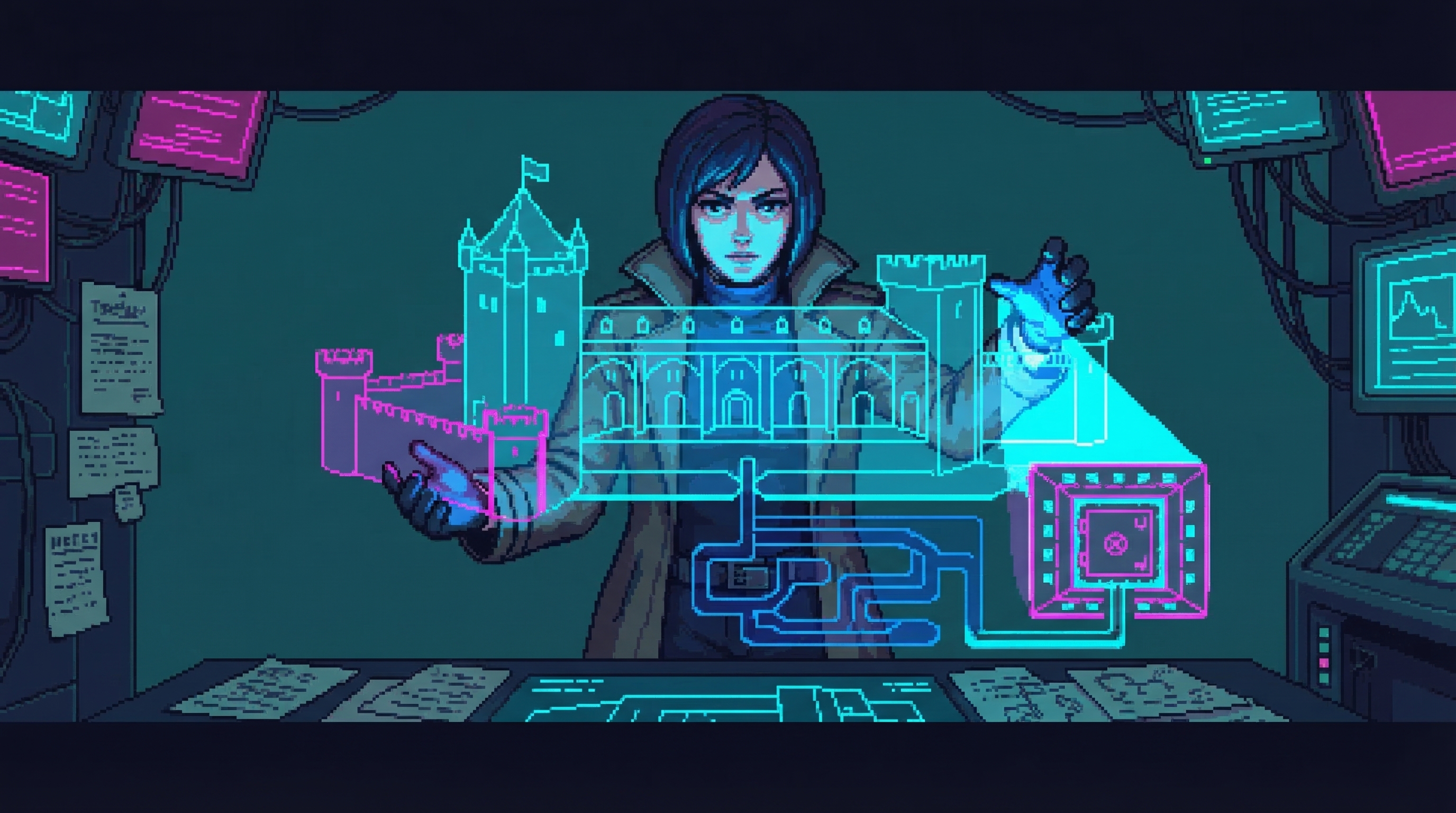 Kestrel manipulating the holographic castle schematic