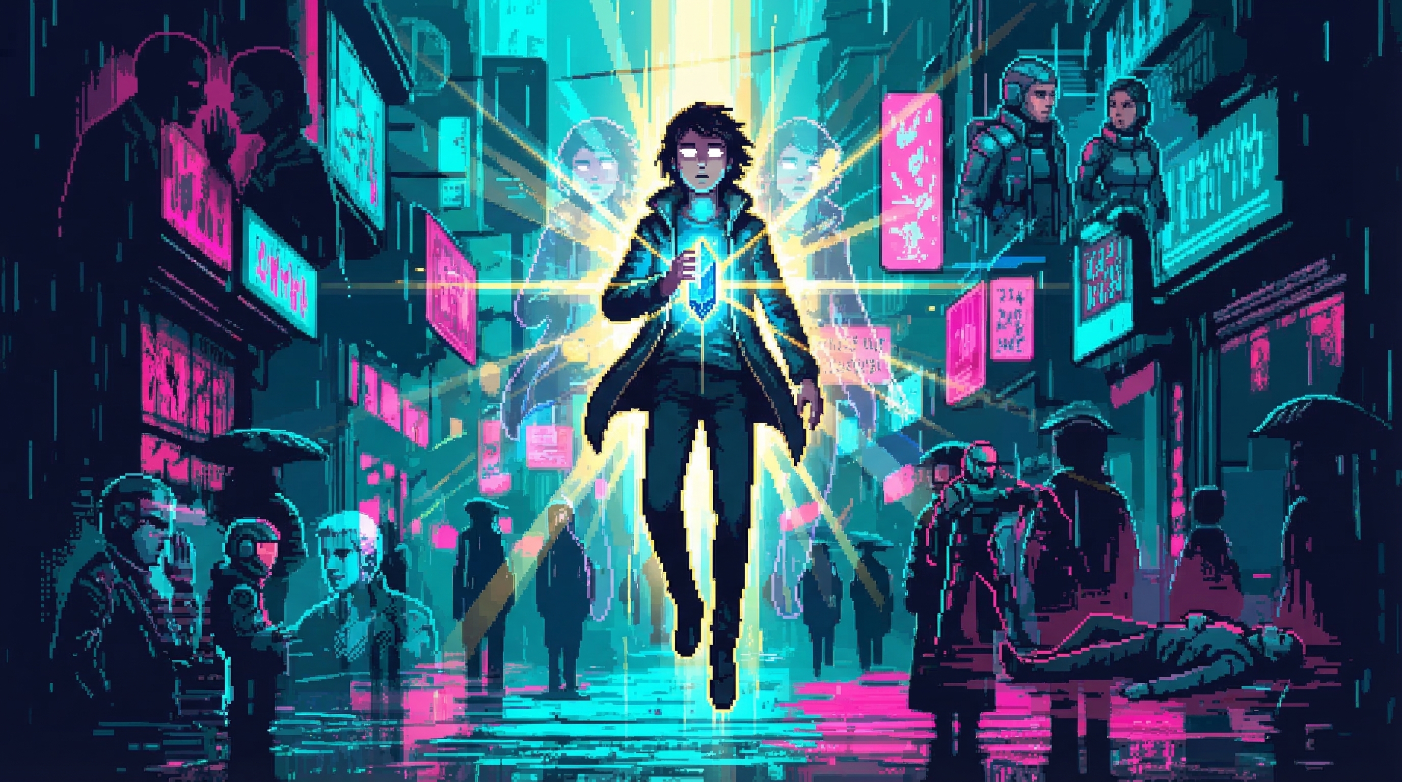 Cipher suspended in light, ghostly visions of memories surrounding them