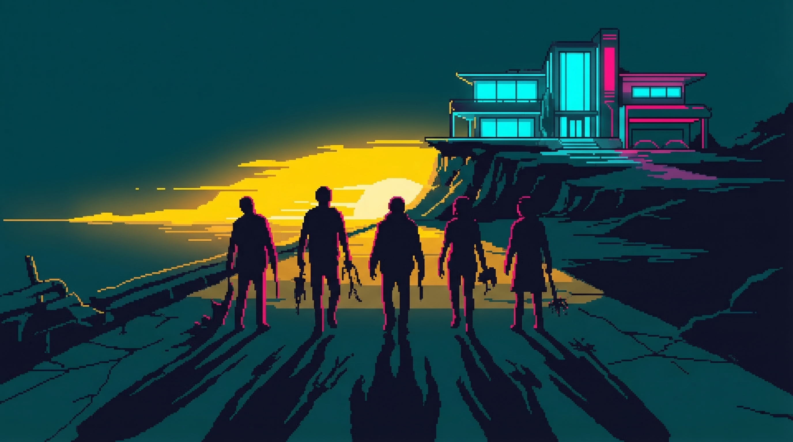 Dawn breaking, five broken silhouettes walking away, Castle glowing behind them