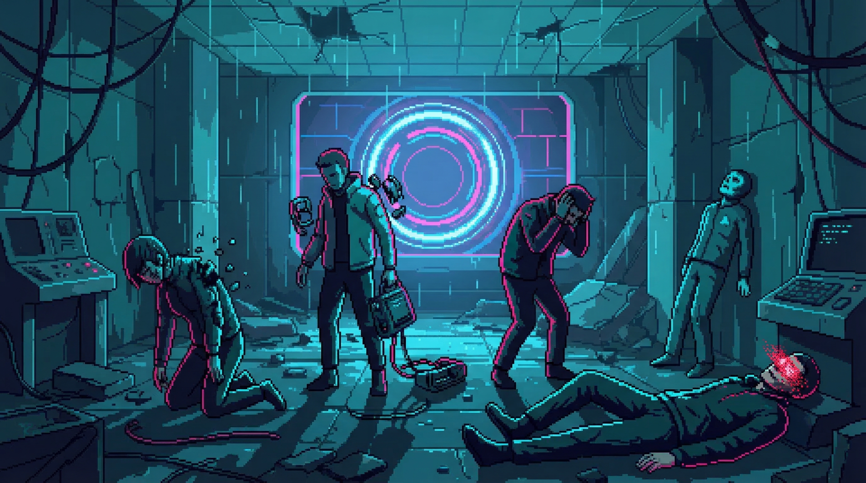 Five broken figures in vault aftermath, CC's ring visible in background