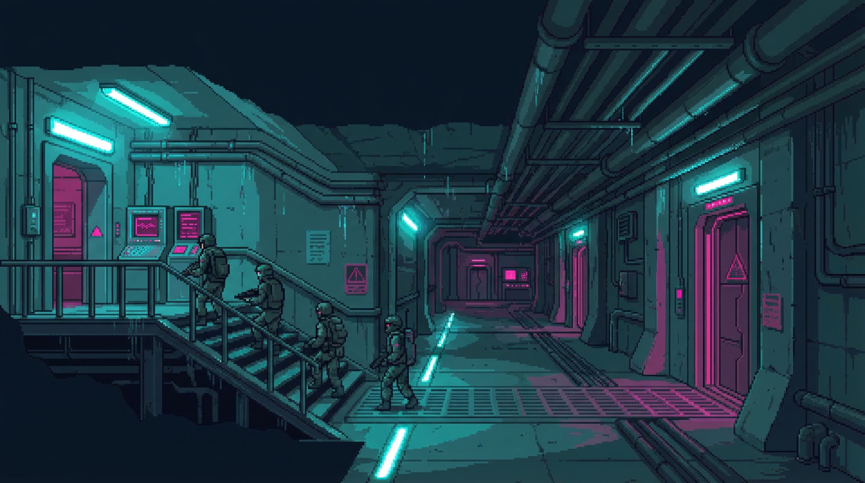 Underground military bunker corridor, cold blue lighting