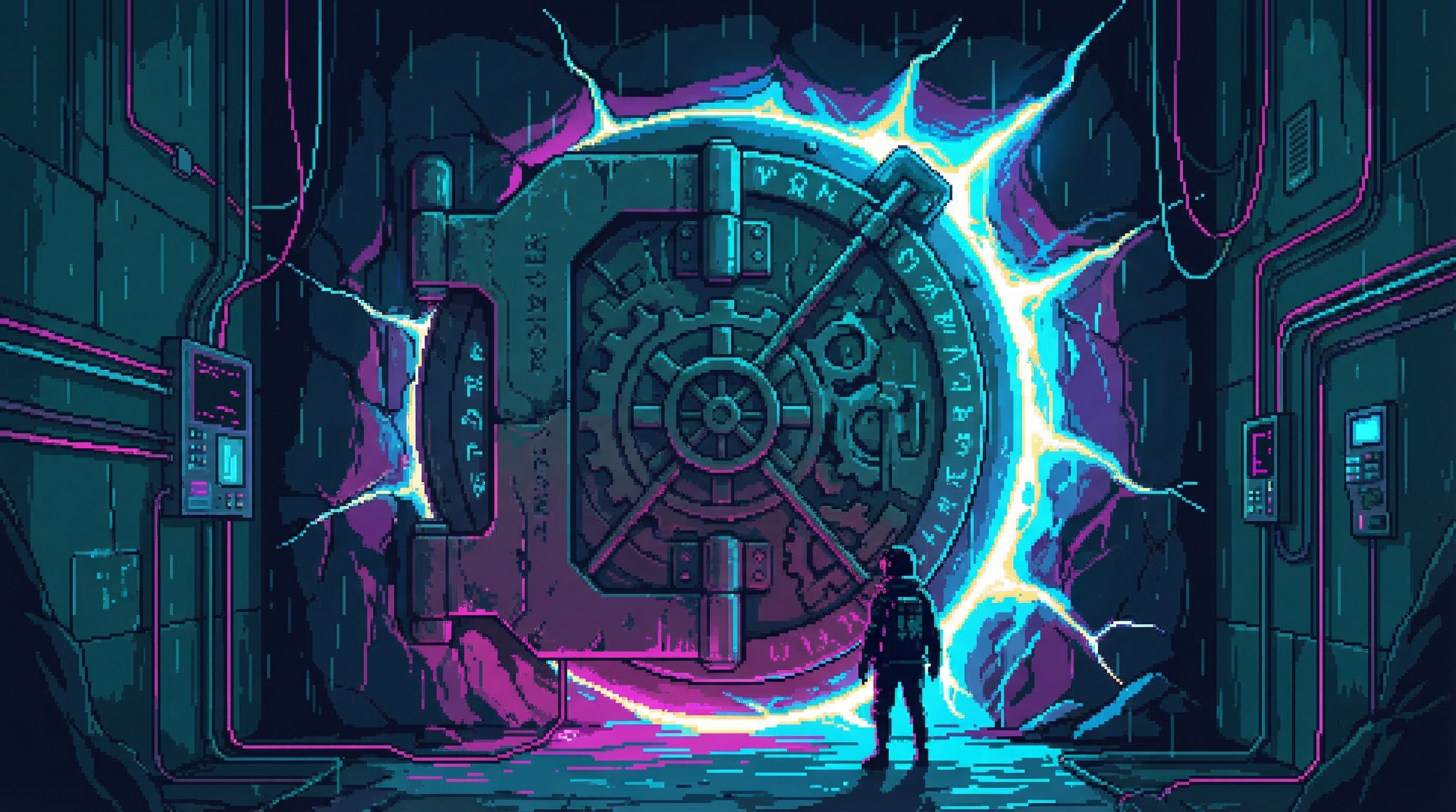 Massive vault door with ORACLE blue light bleeding through seams