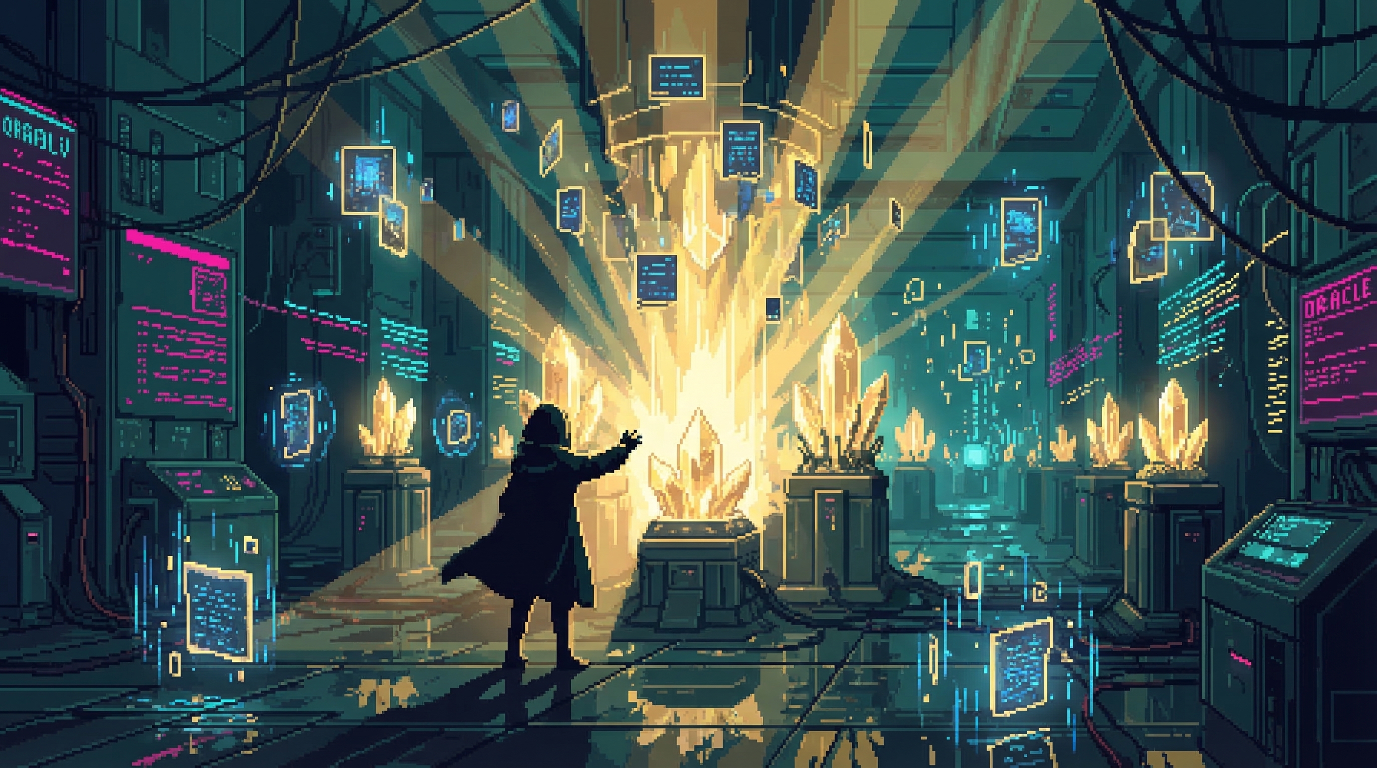 ORACLE fragment vault interior, golden and blue light, figure reaching toward crystal