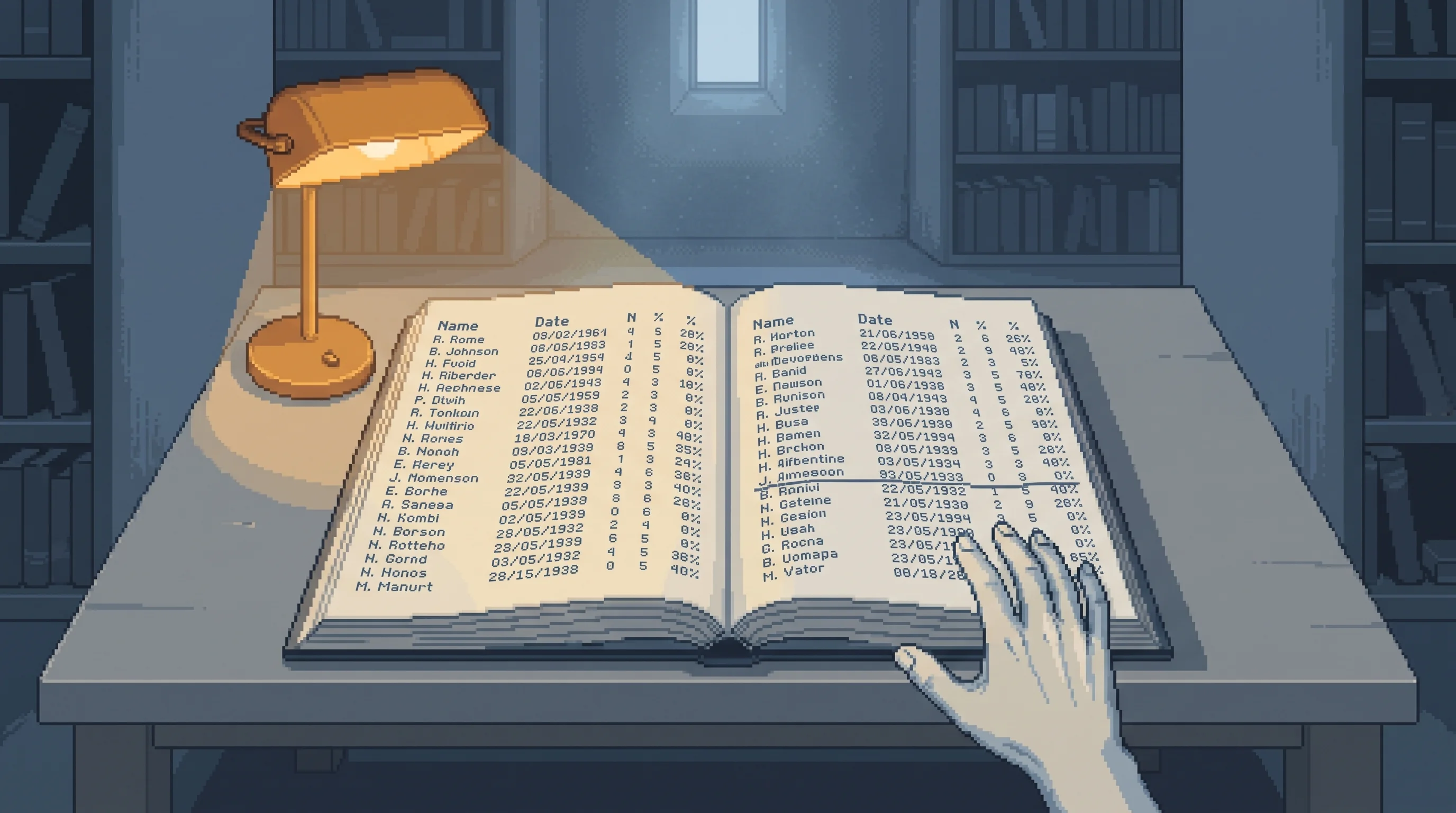A bound public register open under a warm reading lamp, its pages filled with ruled lines of names, dates and percentage weights, one line underscored in pencil beneath a resting hand.