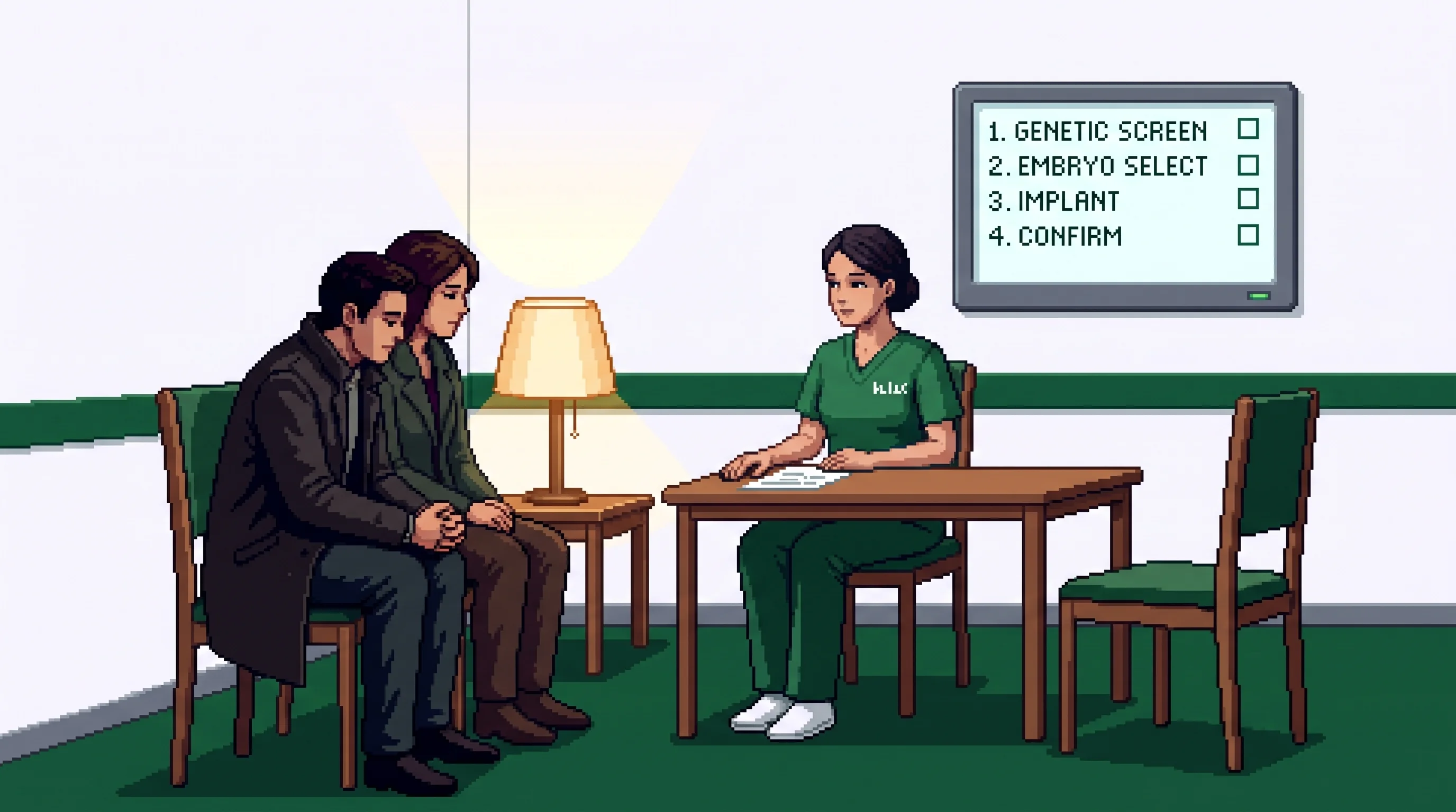 Two prospective parents sit with their coats still on across a small table from a clinician whose hand rests flat on a printed consent page, four unticked boxes listed on a wall display beside them.