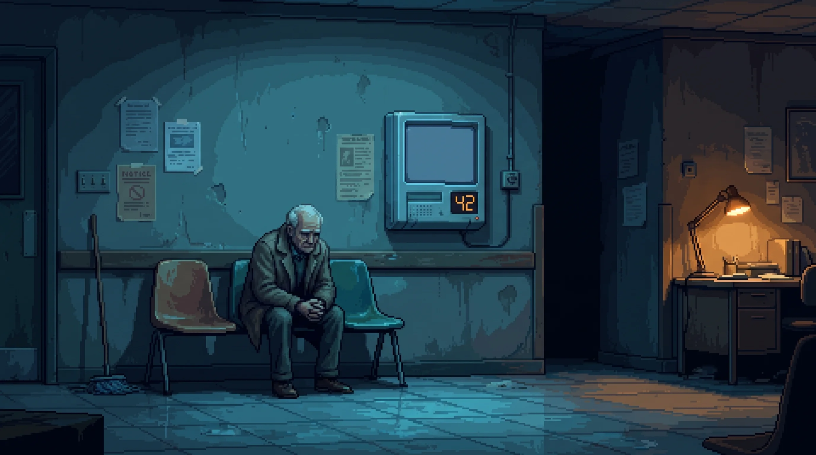 A worn Dregs clinic waiting room at night. One elderly man sits alone on a mismatched chair, coat still on, hands in his lap. A wall-mounted intake terminal glows cold above him. One warm desk lamp burns in the far corner.