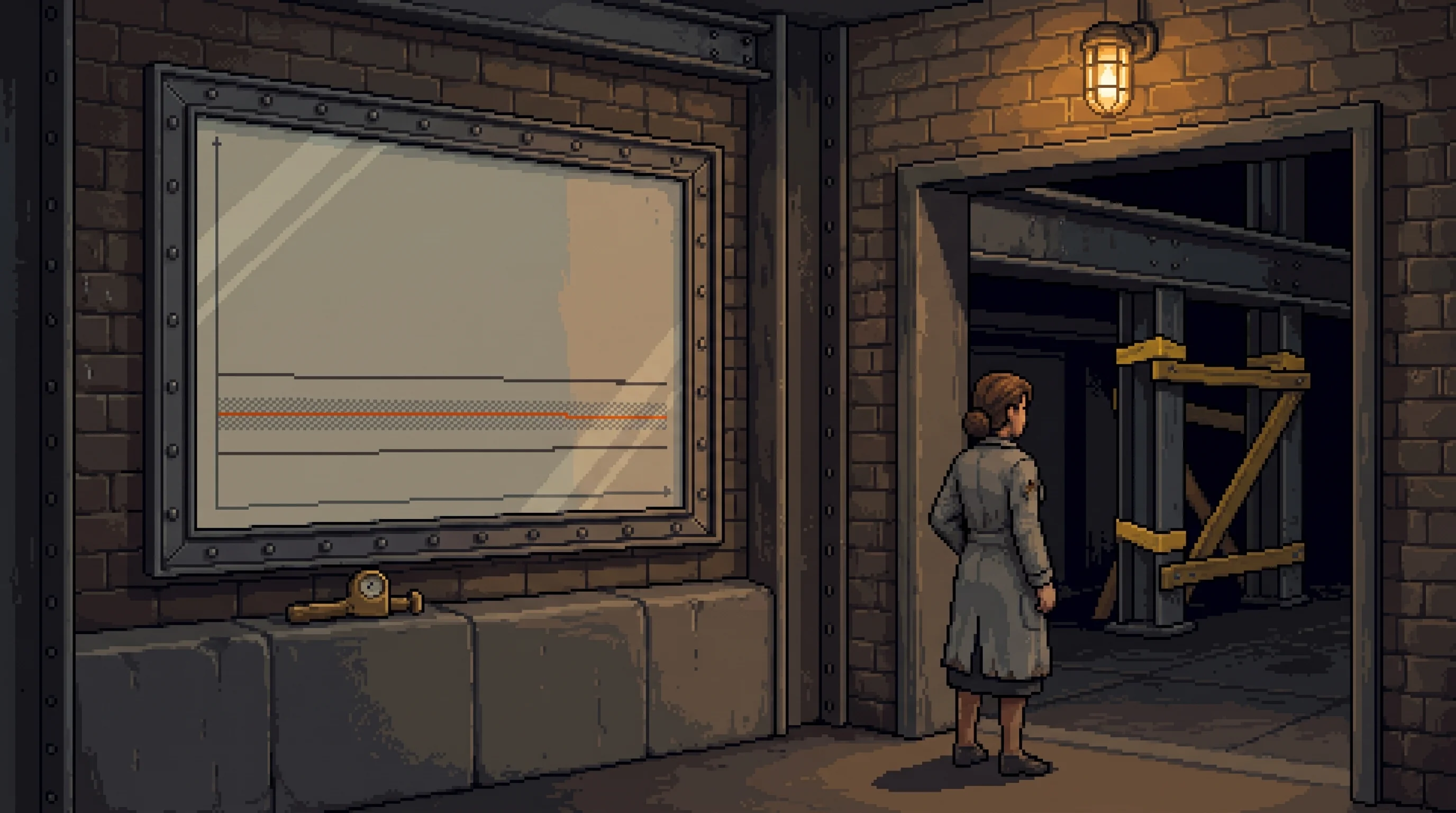 A quarterly error chart bolted to the brick of a foundry inspection office, its plotted line running dead level inside a narrow marked band, a brass hand gauge left on the sill beneath it, and beyond the doorway a gantry stringer braced with fresh yellow shoring.