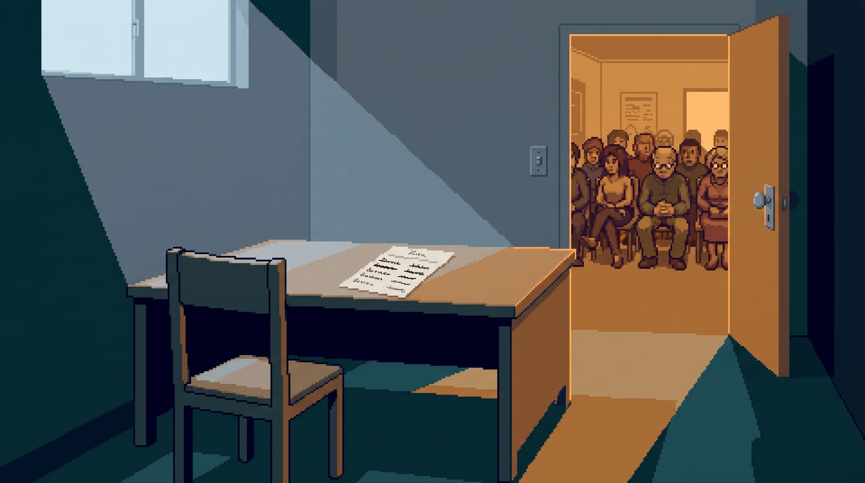 A cleared district clinic consulting room at dawn seen from the doorway, with a bare desk, one empty chair, and a printed slip of handwritten names left where it lay with most of the lines struck through. Through the open door behind, a waiting room is still full of seated people in warm amber light.