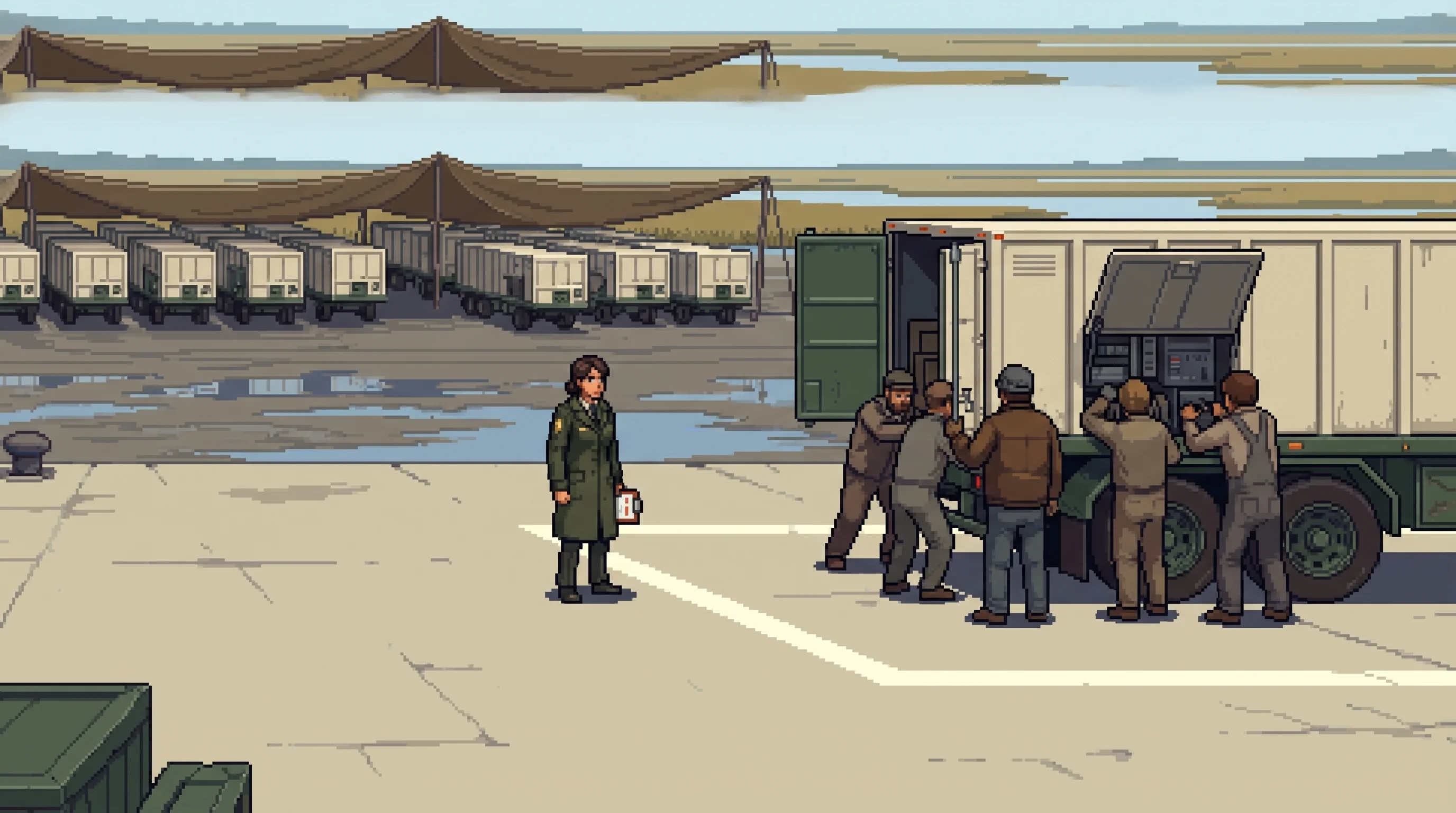 An inspector in a long olive coat stands at a painted line on a concrete yard, watching a work crew at a stalled chassis, while rows of identical parked chassis sit under tarpaulins in the distance.