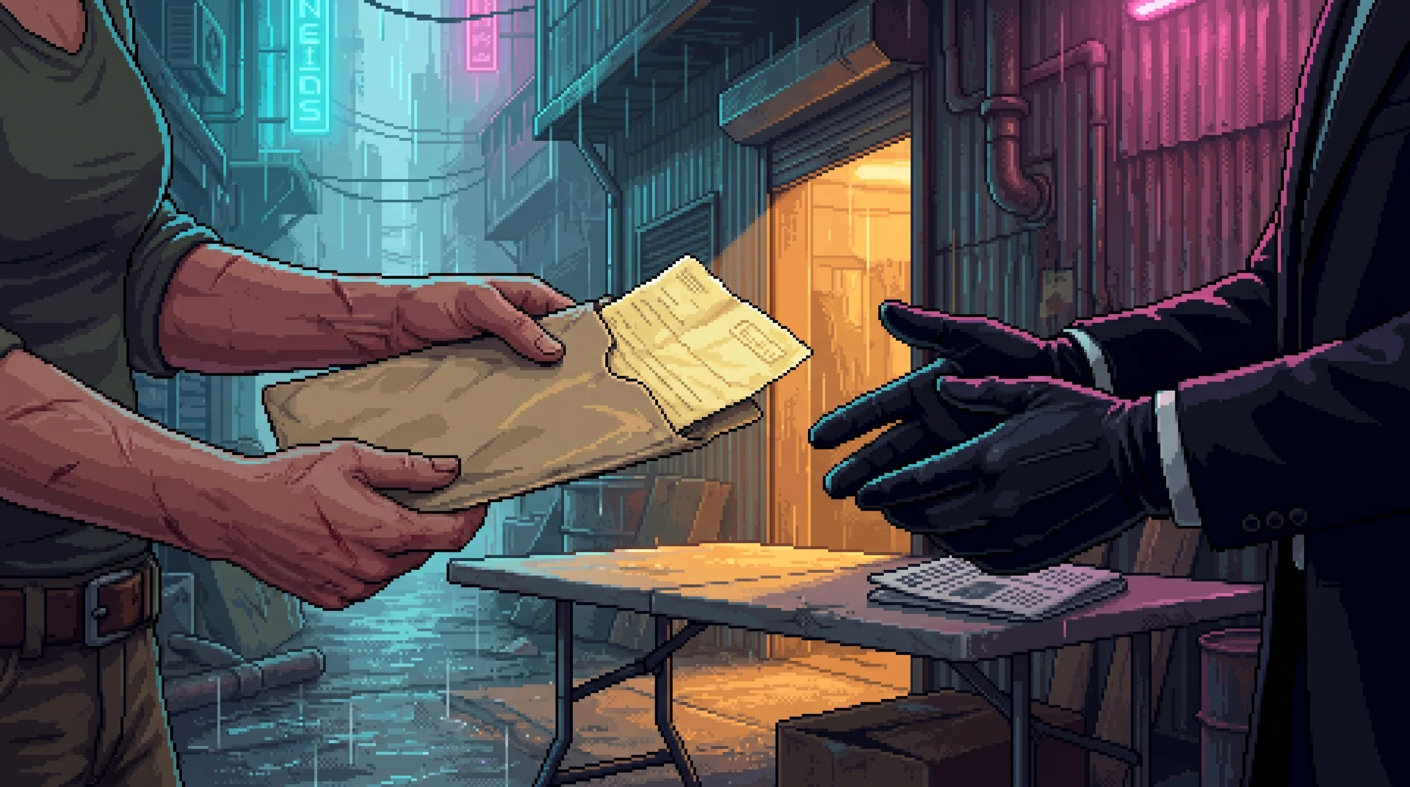 A worn institutional slip passes from bare Dregs hands into a Rim broker's gloved hands across a folding table in the rain.