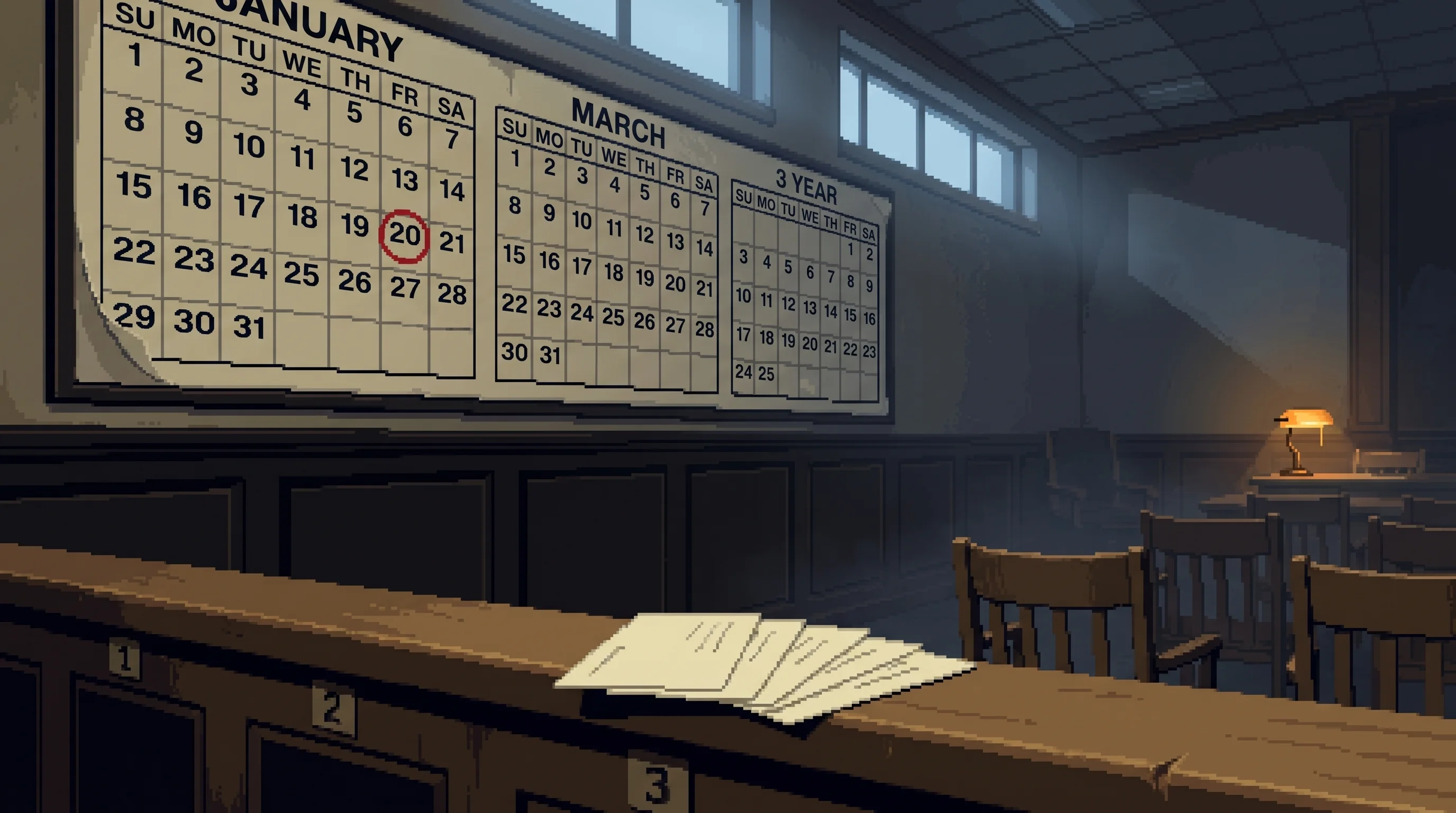 A municipal hearing room at night. A wall calendar three years wide covers the back wall where a judge's bench would be, one date circled in red. Five pale cards lie fanned on a numbered wooden bench.