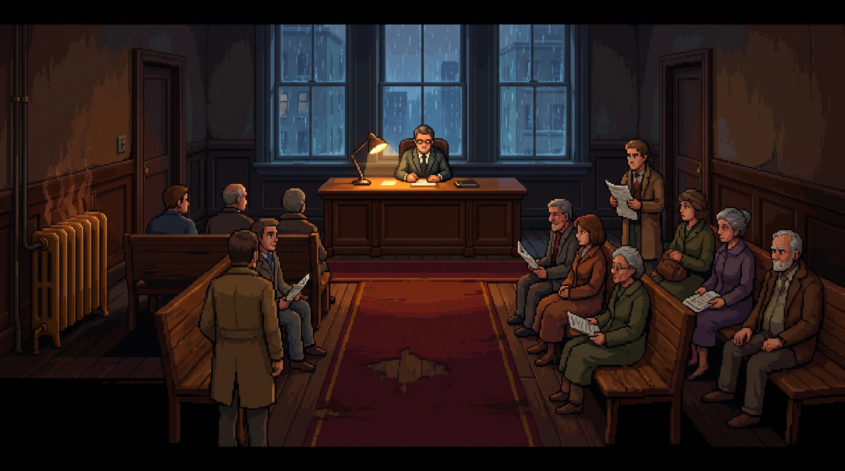 A crowded ground-floor hearing hall seen from the back of the public gallery: a dozen people in coats seated on plain wooden benches holding folded papers, a long dark oak bench at the far end with one registrar under a single desk lamp, a cast brass radiator against the side wall, and a red floor runner worn through to the boards along the centre aisle.