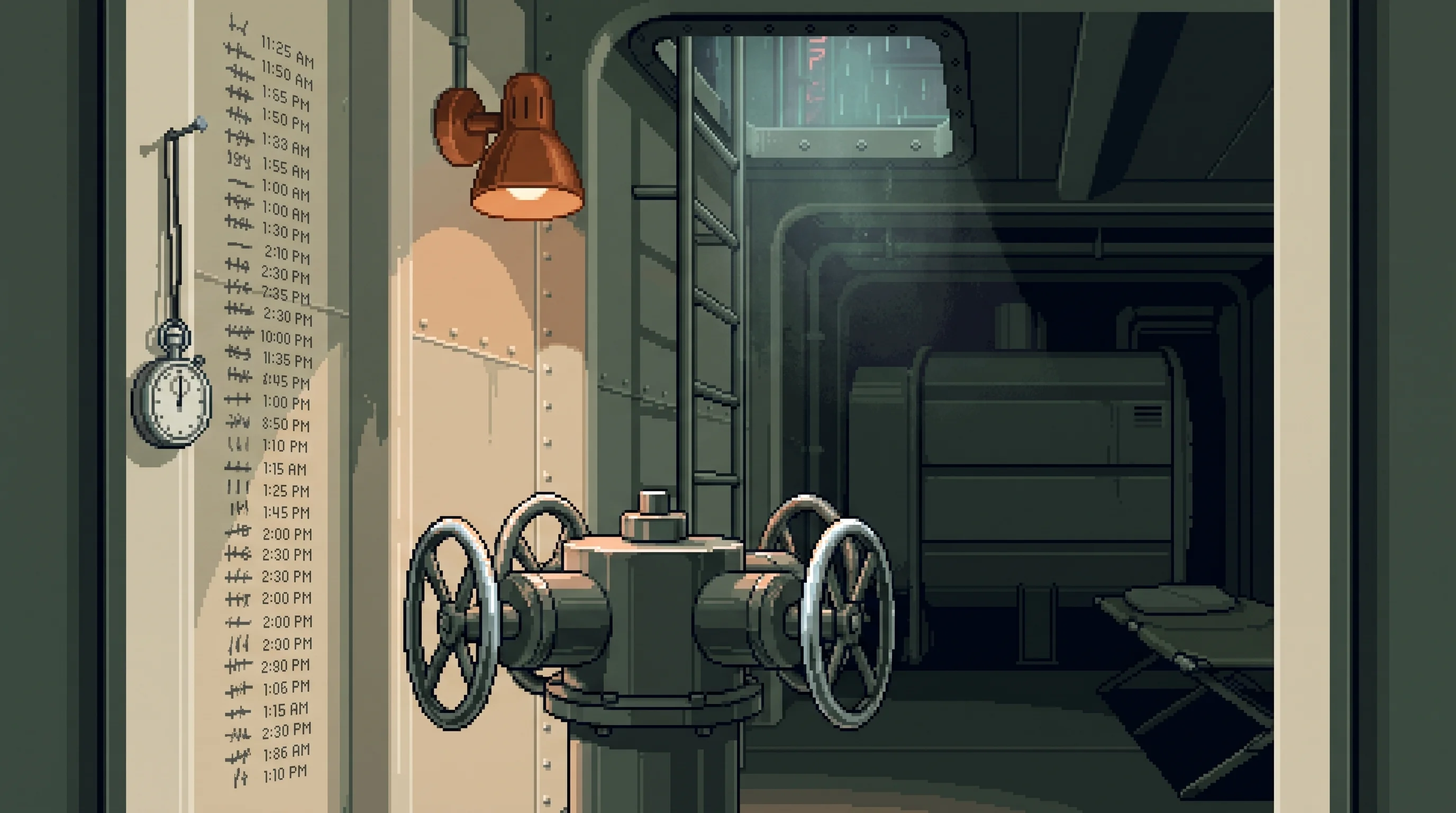 The interior of a sealed air-processing deck: a steel stand carrying four large manual valve handles with rims worn bright by use, a long column of small pencilled times running down the painted bulkhead beside it, a wind-up stopwatch hanging on a nail, and behind them a service ladder rising to an open hatch with rain visible beyond.