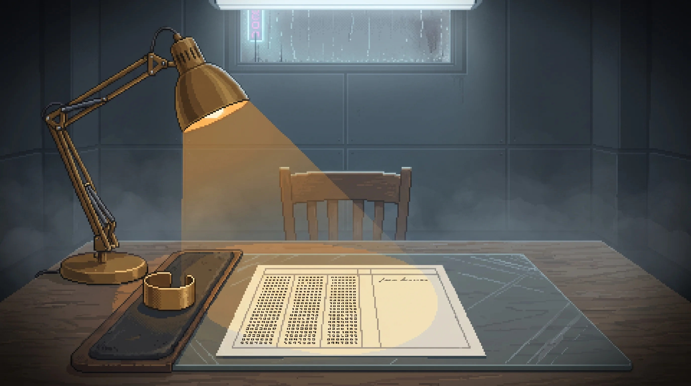 A hearing table photographed from the subject's side: a jointed lamp angled at eye height, a brass reader cuff seated on a wrist rest, and a two-column form under glass. The wide left column is dense with printed figures. The narrow right column holds a single handwritten line.
