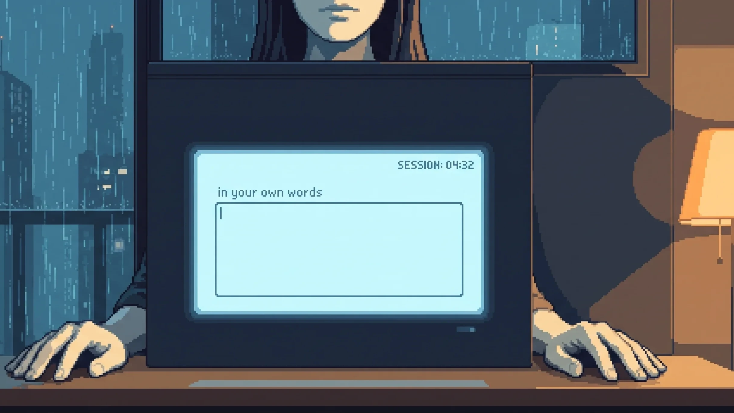 A household concierge panel glowing cloud-blue in a dim apartment, showing one empty text field beneath the words 'in your own words' and a session countdown in the corner, with a seated woman's hands resting open and still on the desk either side of it.