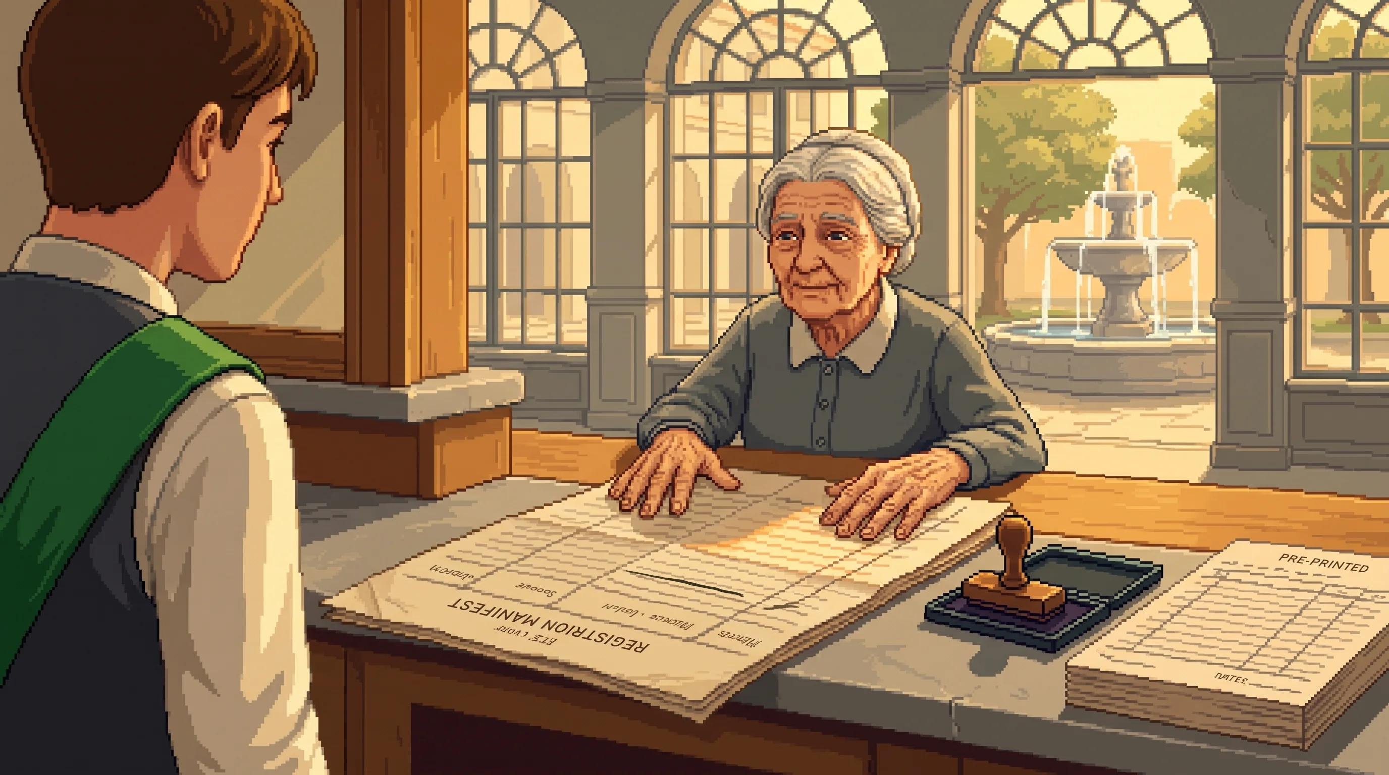 An elderly woman's hands rest flat on a folded paper manifest turned to face a young clerk across a limestone counter, an inked stamp and a stack of pre-printed forms beside them.